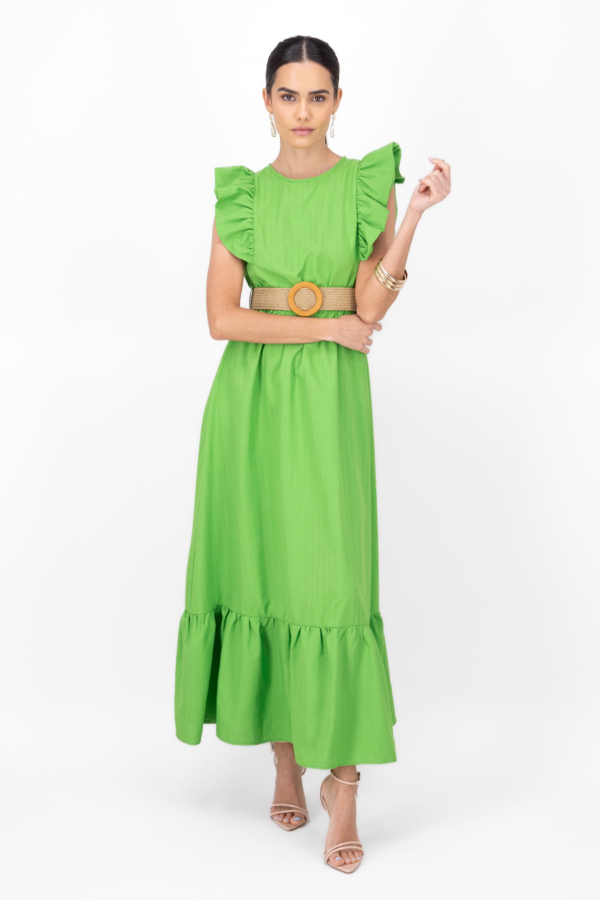 Hipster Linen Belted Maxi Dress APPLE GREEN