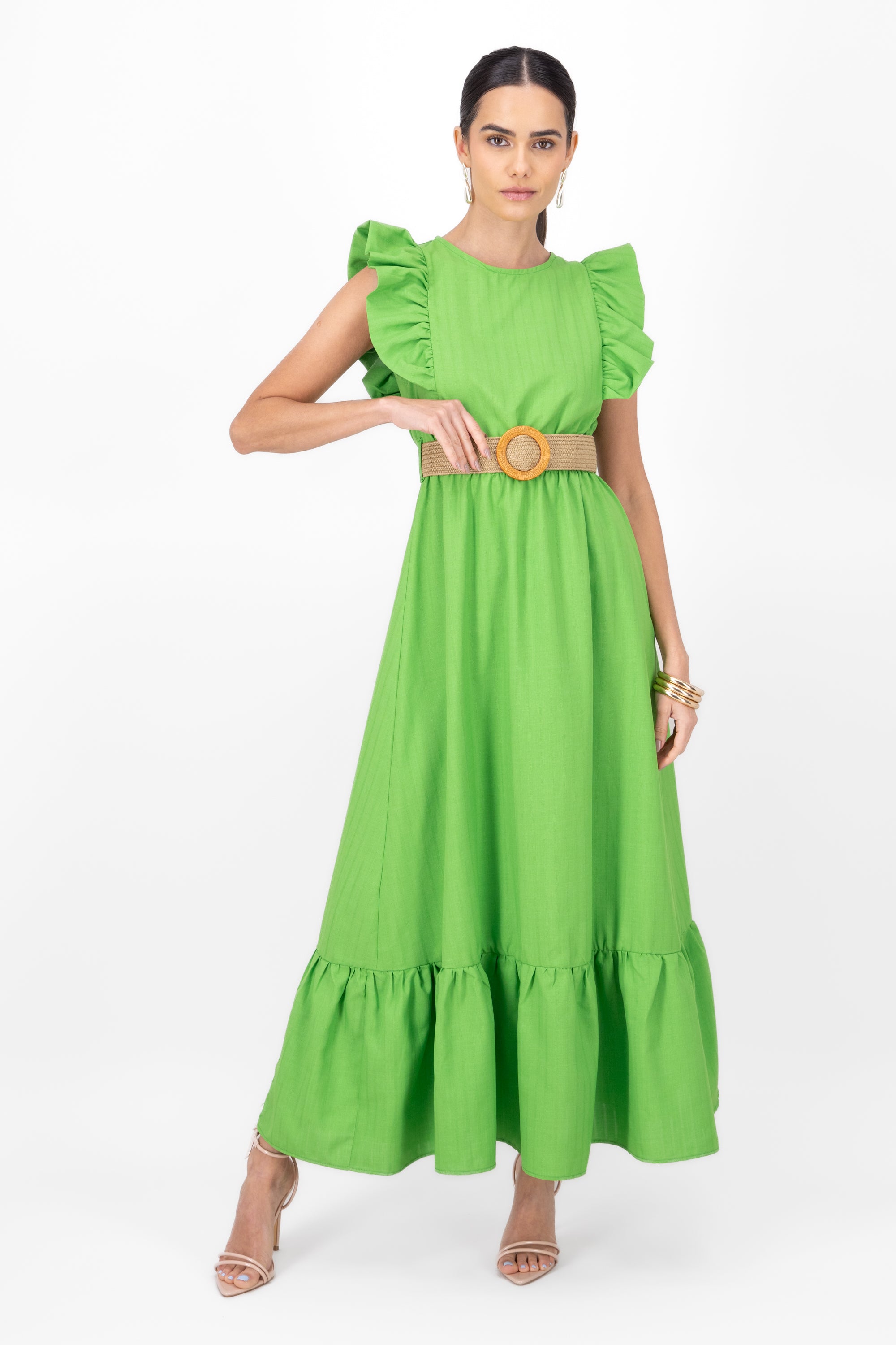 Hipster Linen Belted Maxi Dress APPLE GREEN