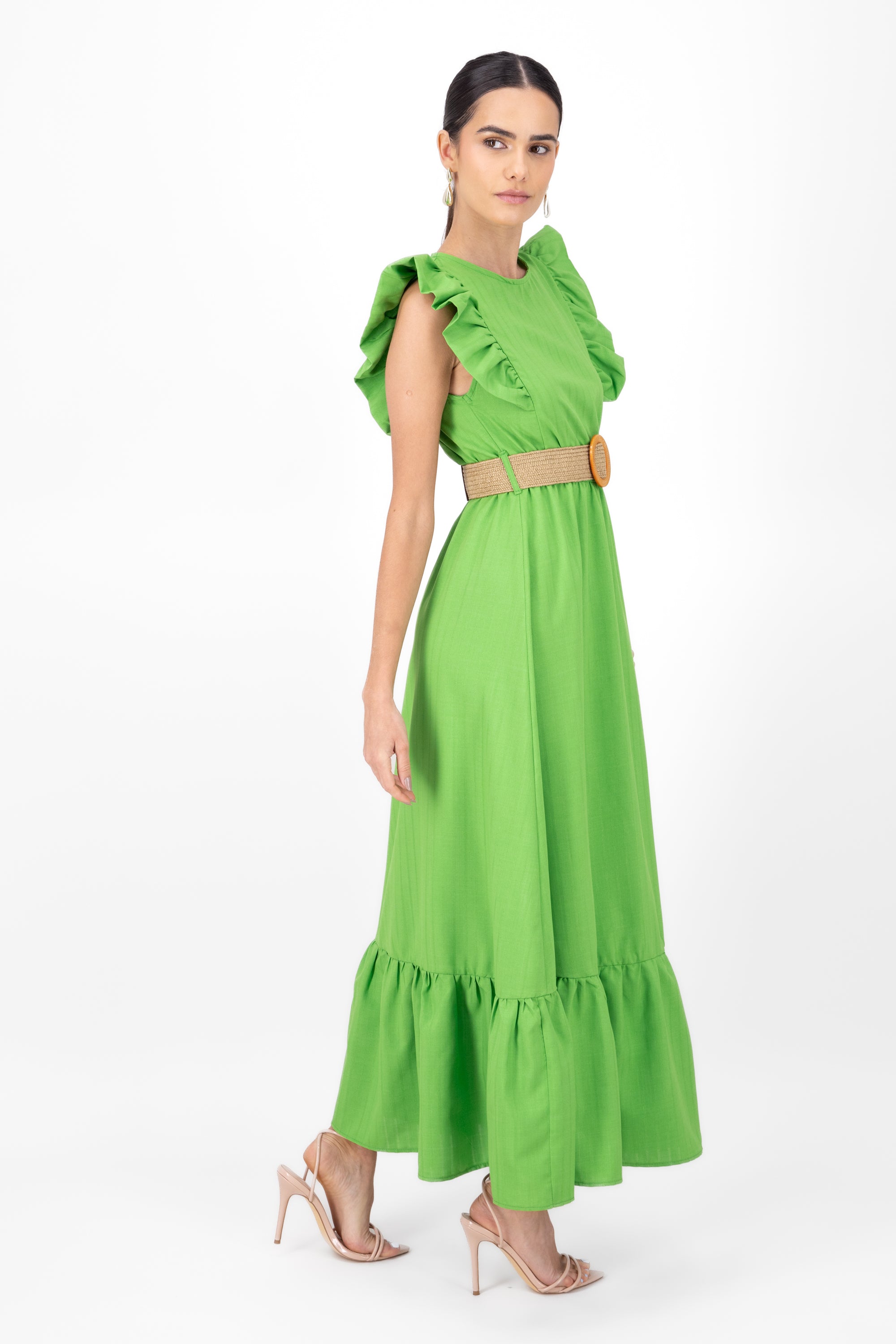 Hipster Linen Belted Maxi Dress APPLE GREEN