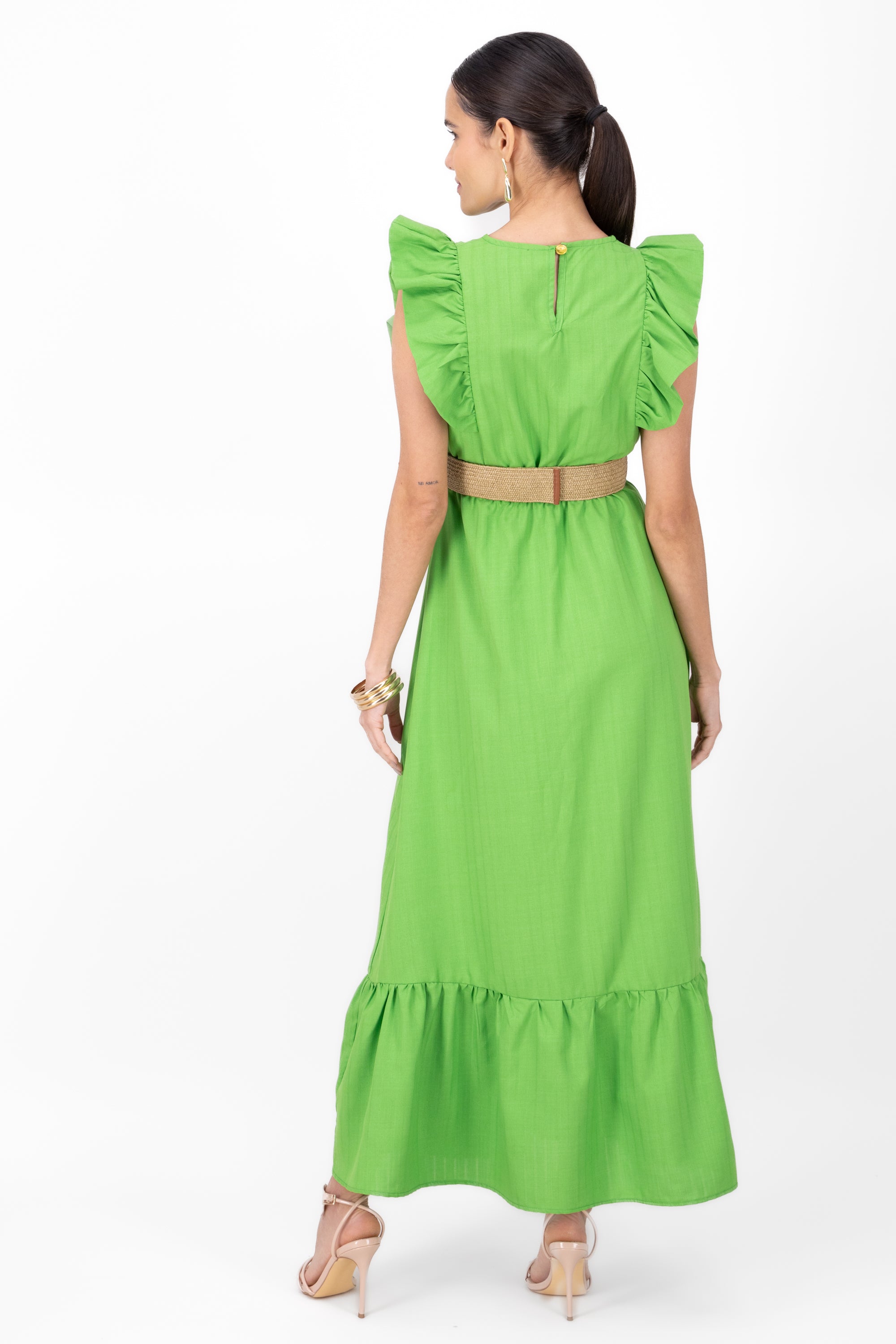 Hipster Linen Belted Maxi Dress APPLE GREEN