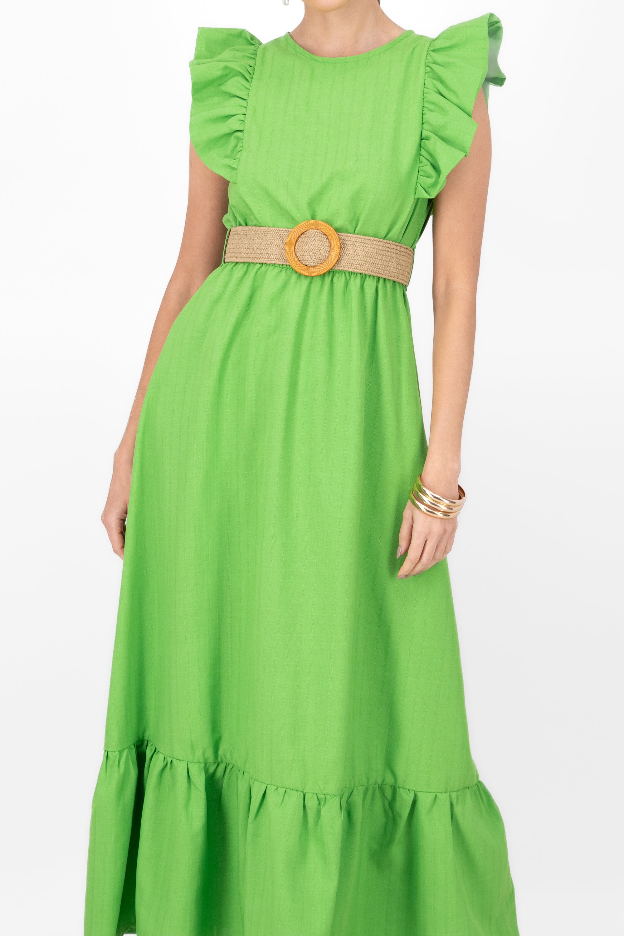 Hipster Linen Belted Maxi Dress APPLE GREEN