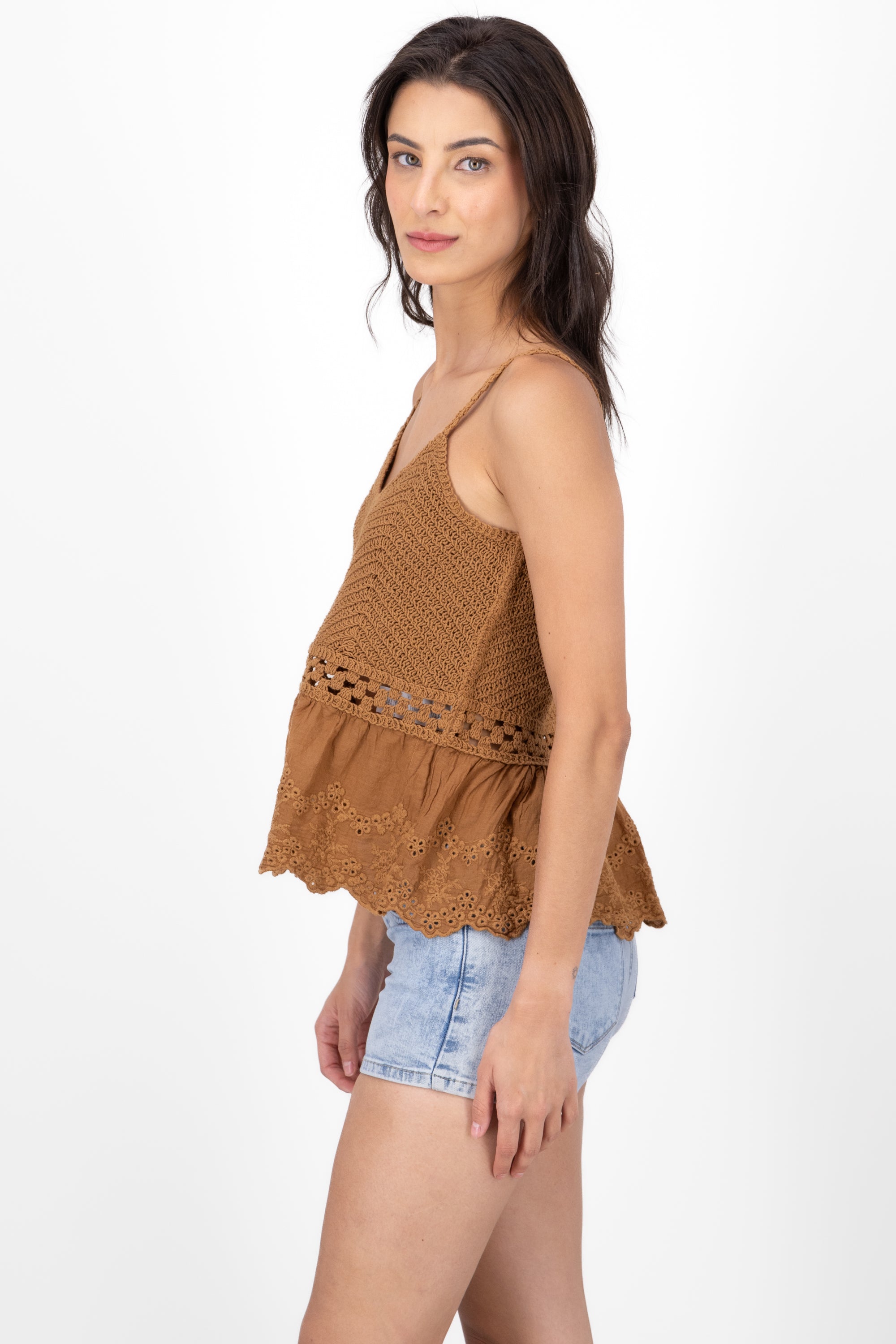 Sleeveless Crochet Top With Straps CAMEL