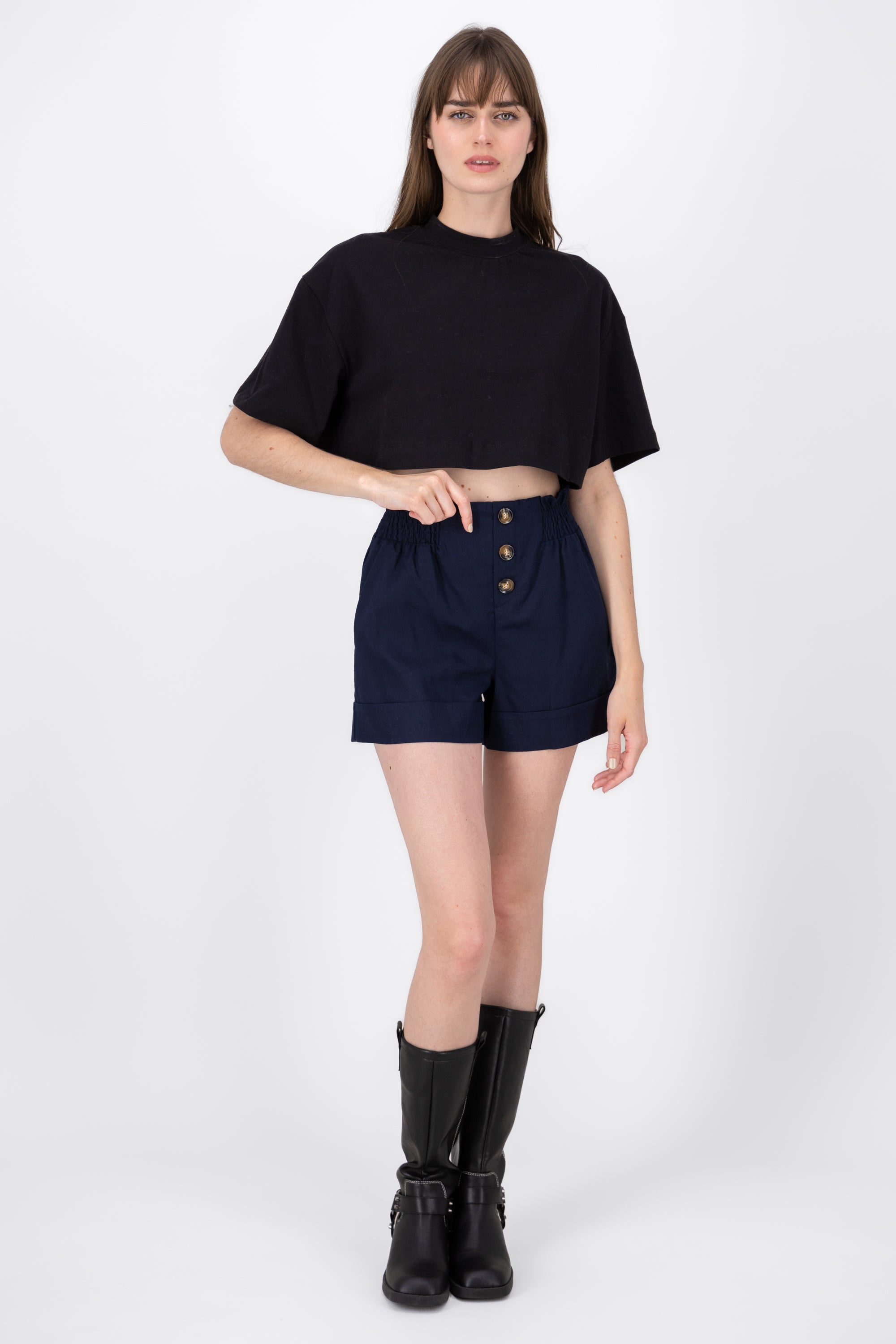 Button High Waisted Dress Shorts NAVY