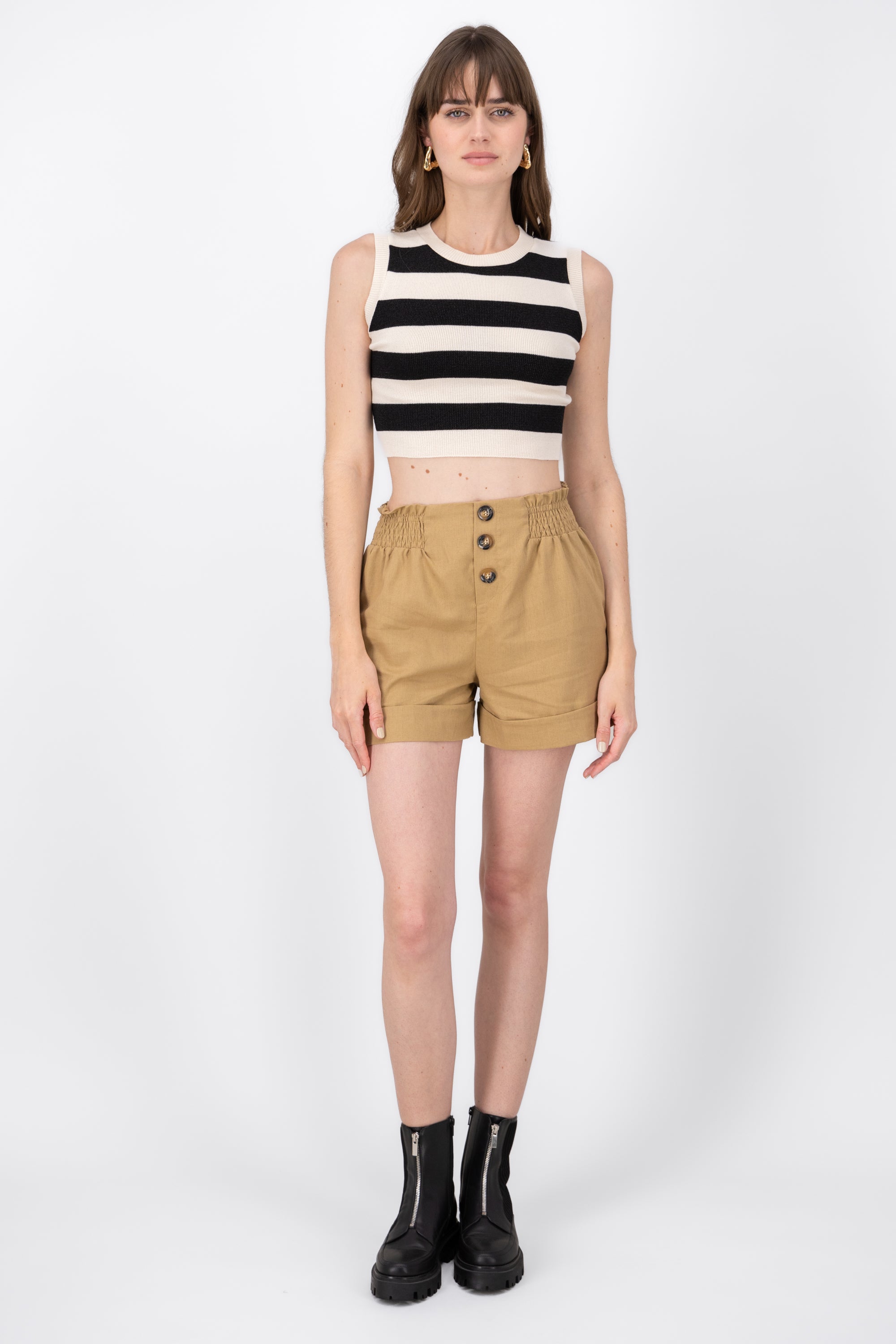 Button High Waisted Dress Shorts KHAKI