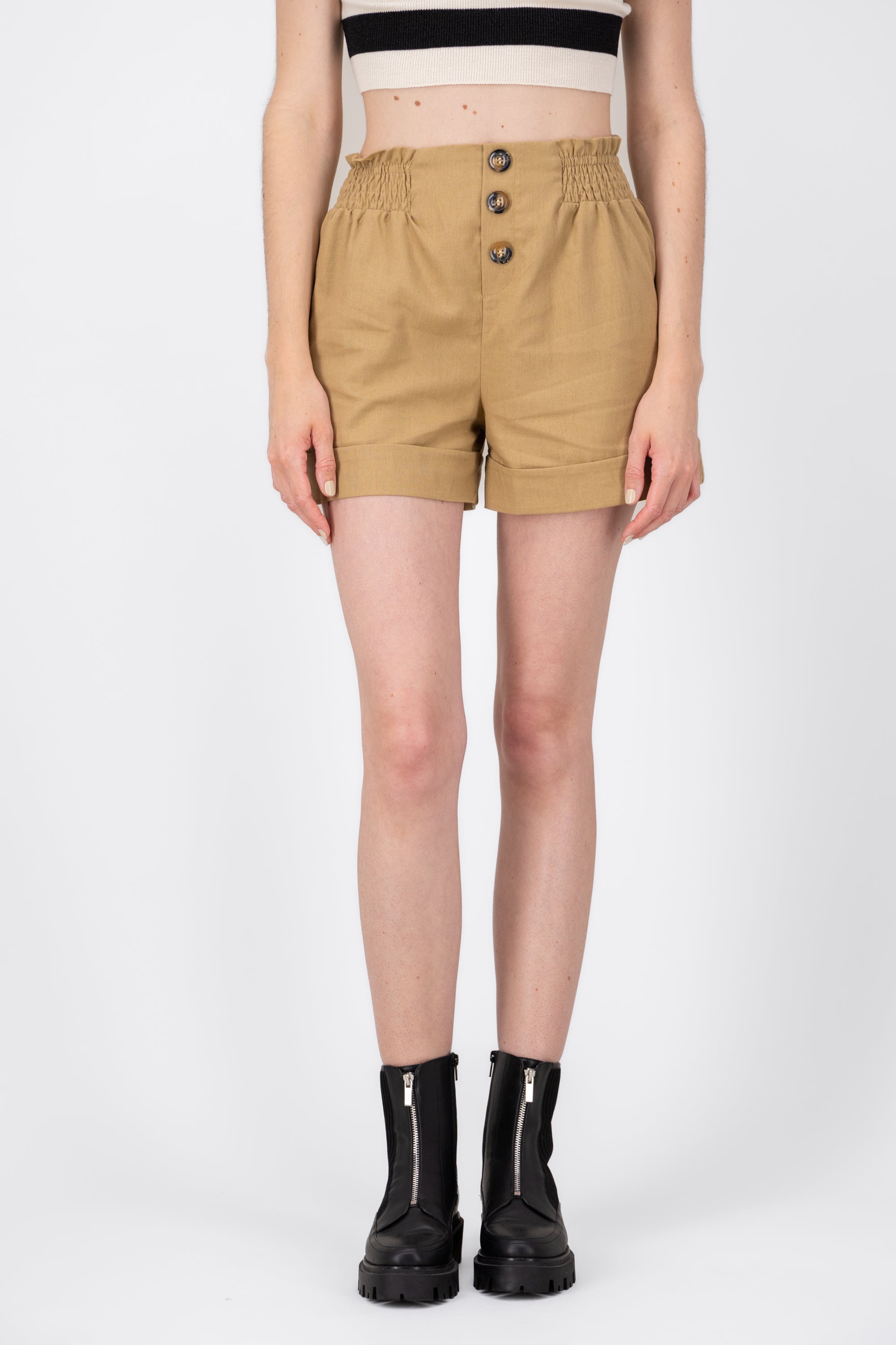 Button High Waisted Dress Shorts KHAKI