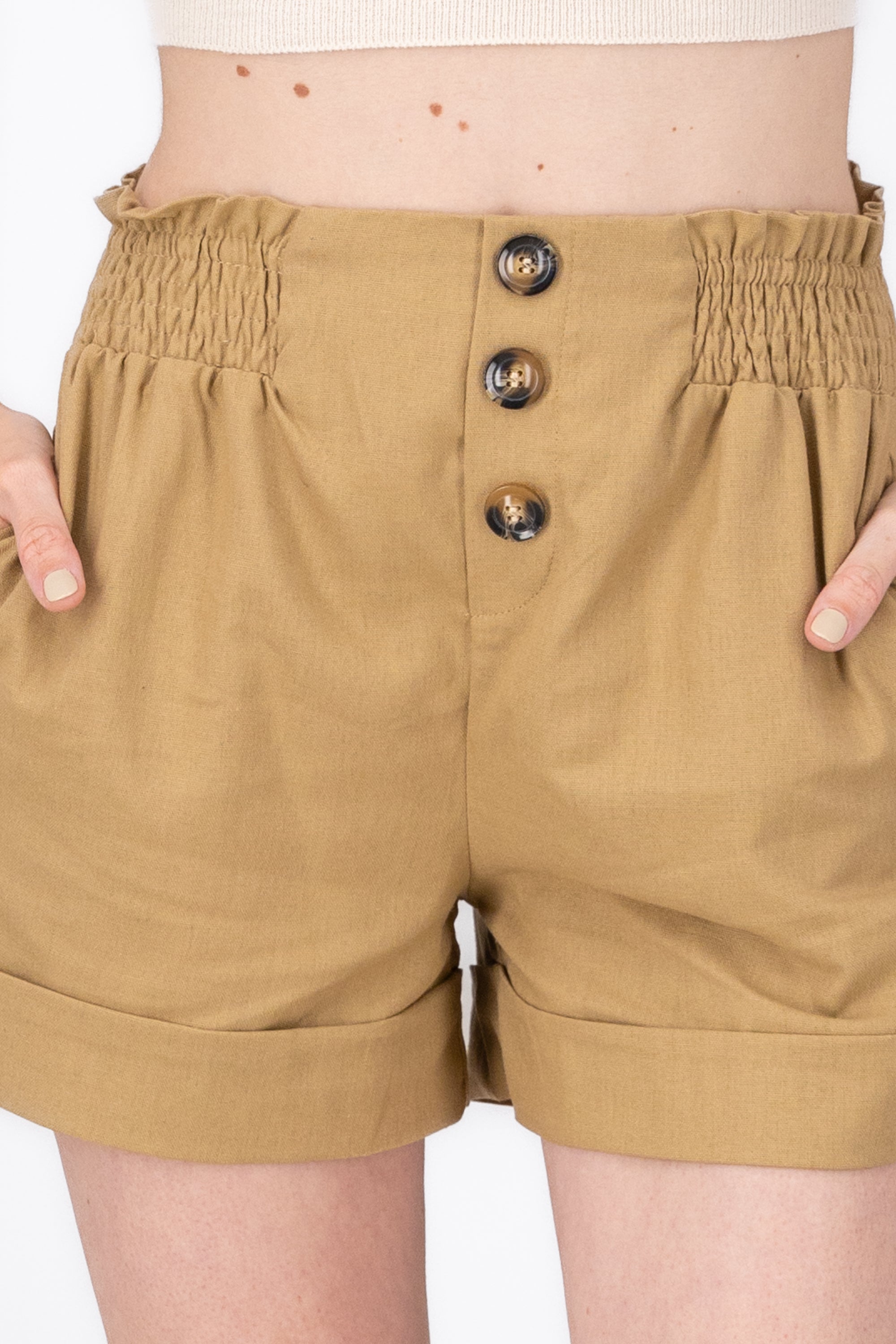 Button High Waisted Dress Shorts KHAKI