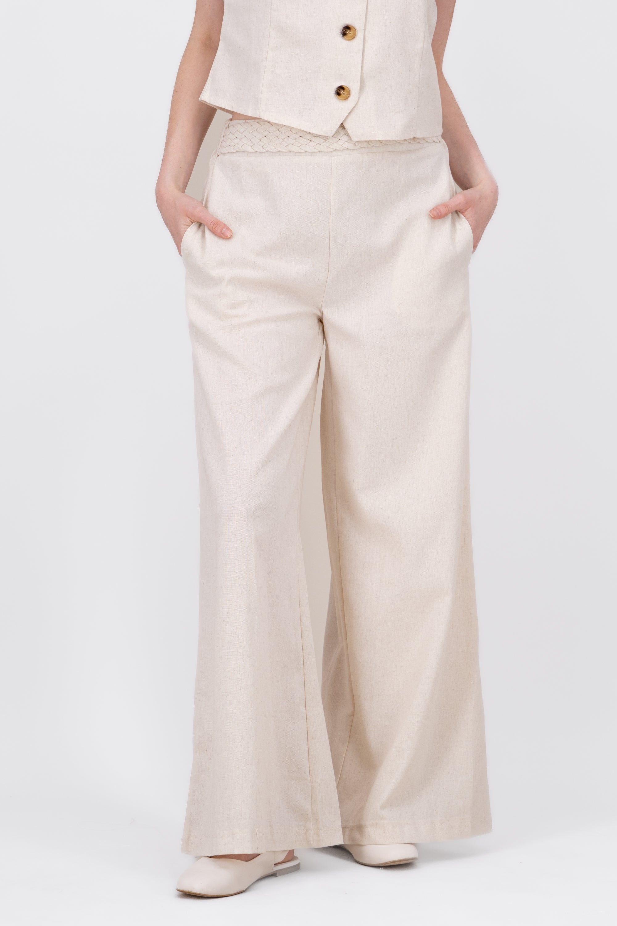 StraightLeg Linen Pants With Braided Belt IVORY