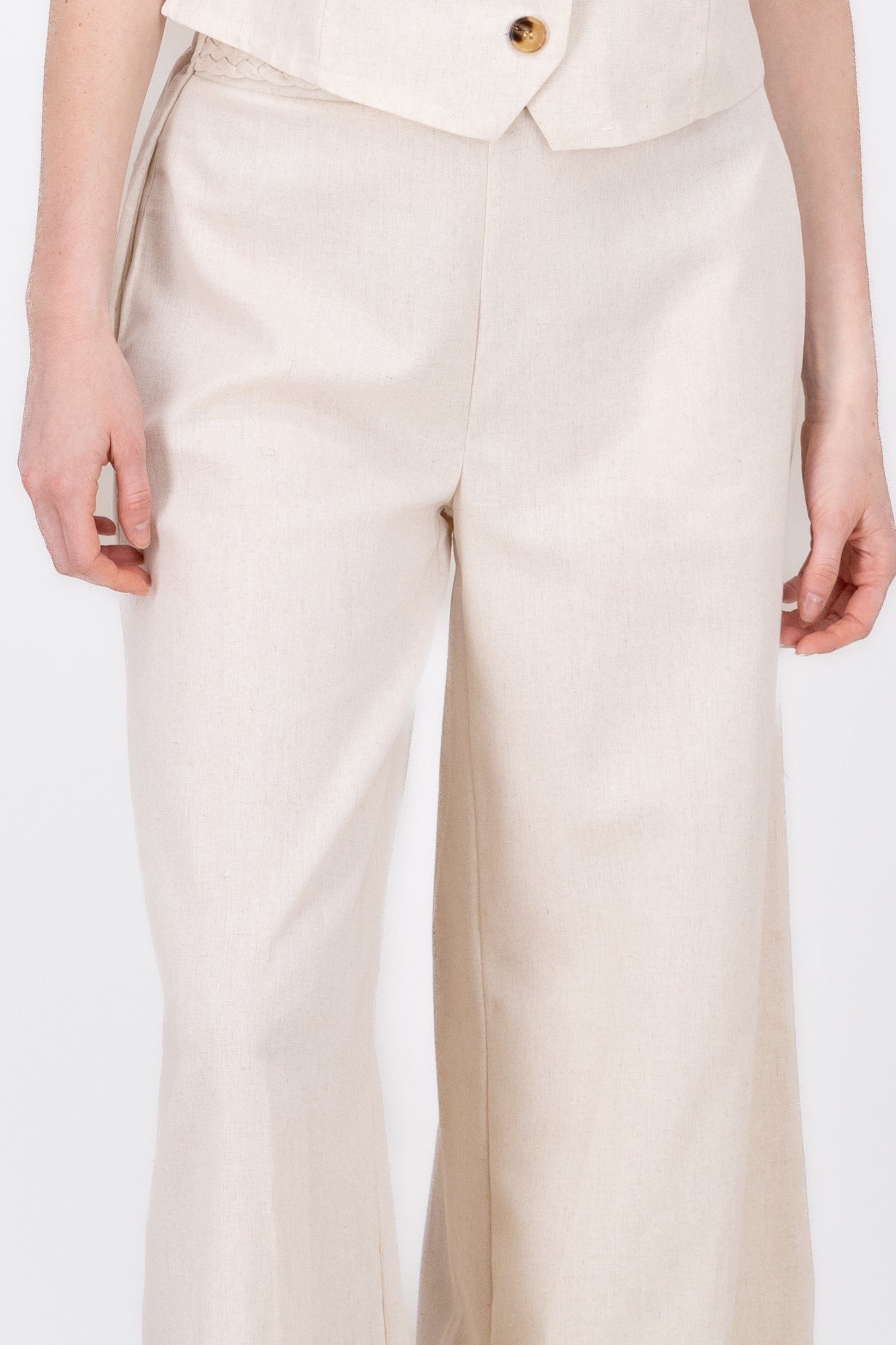 StraightLeg Linen Pants With Braided Belt IVORY