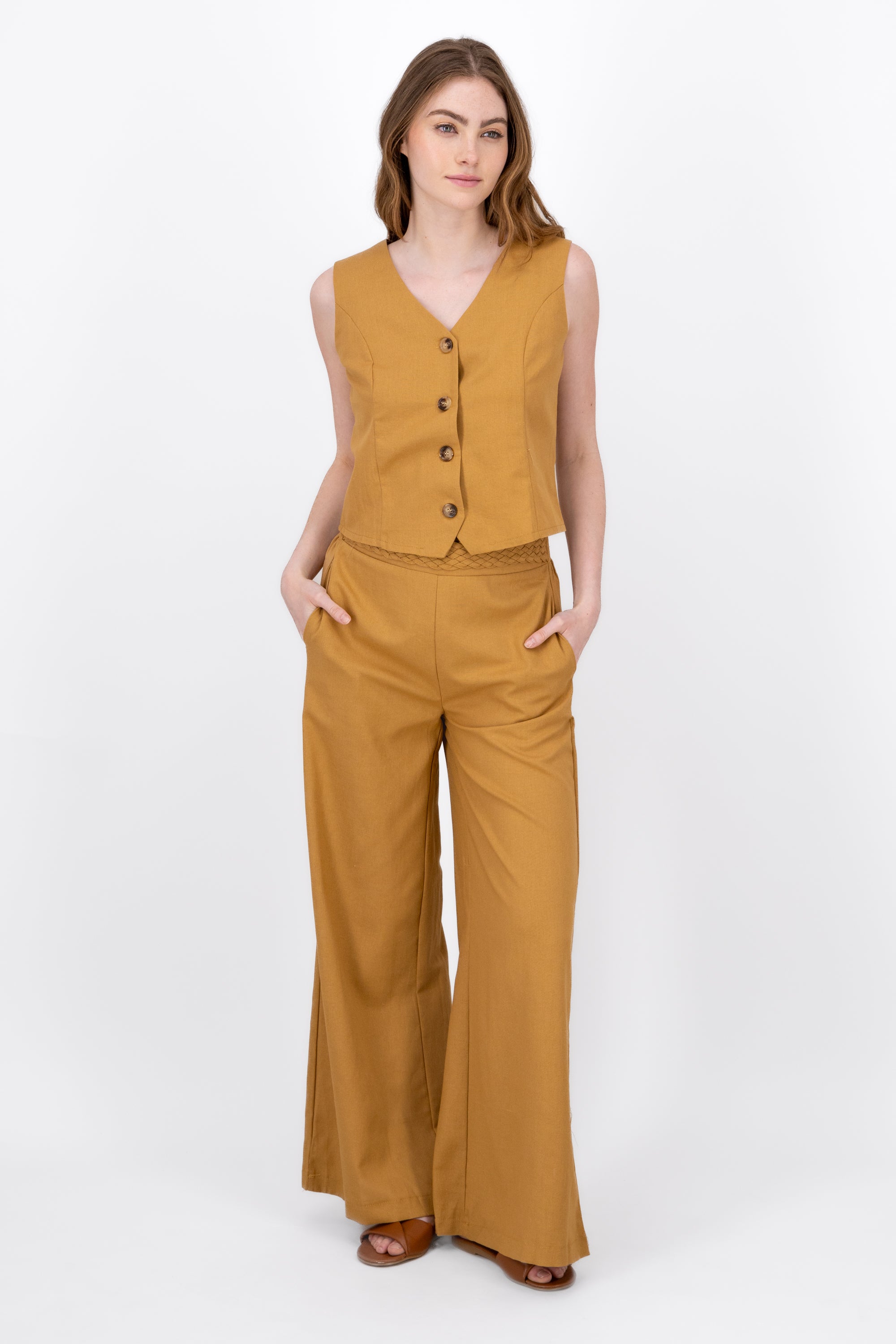 StraightLeg Linen Pants With Braided Belt BROWN