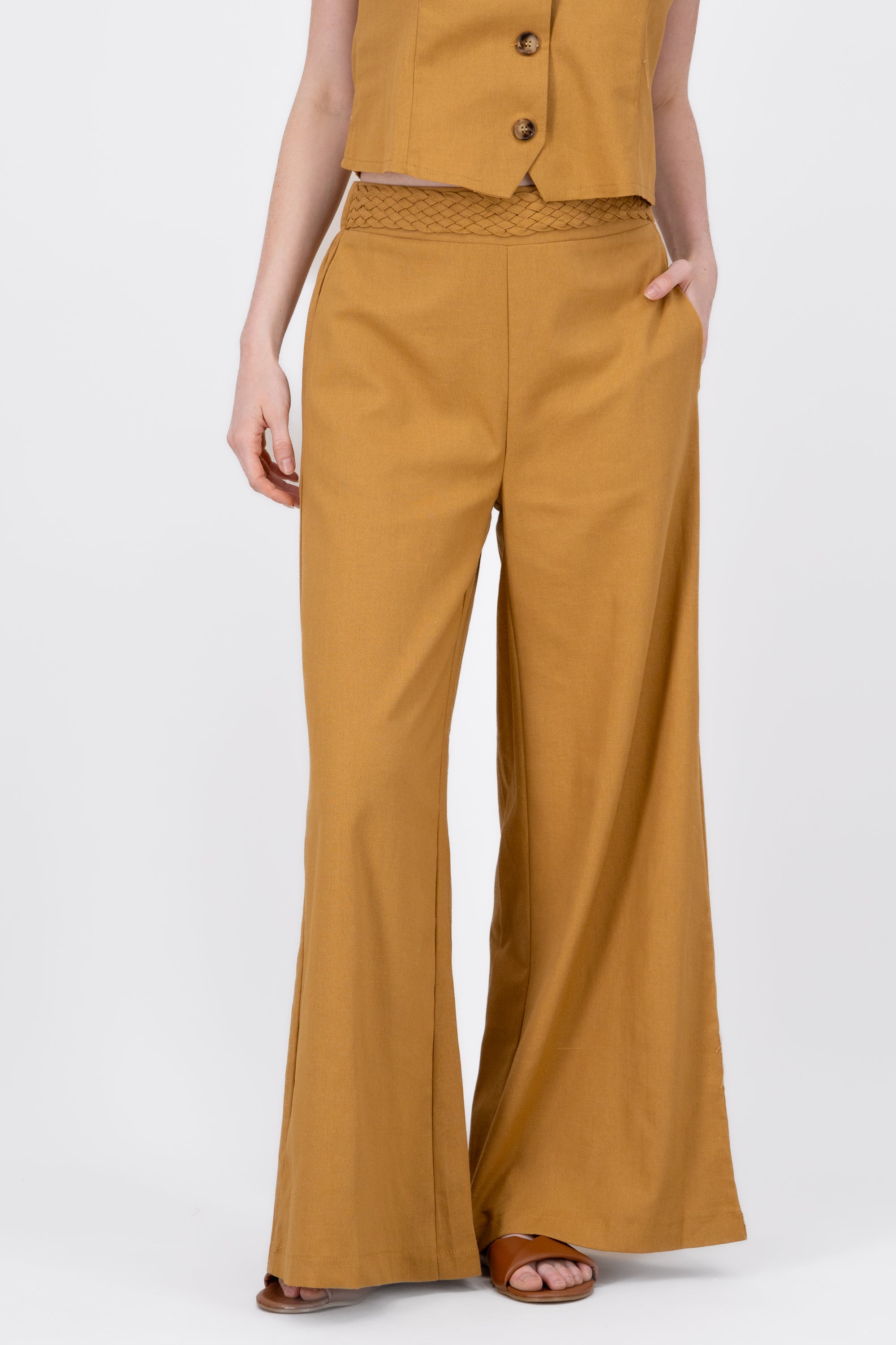 StraightLeg Linen Pants With Braided Belt BROWN