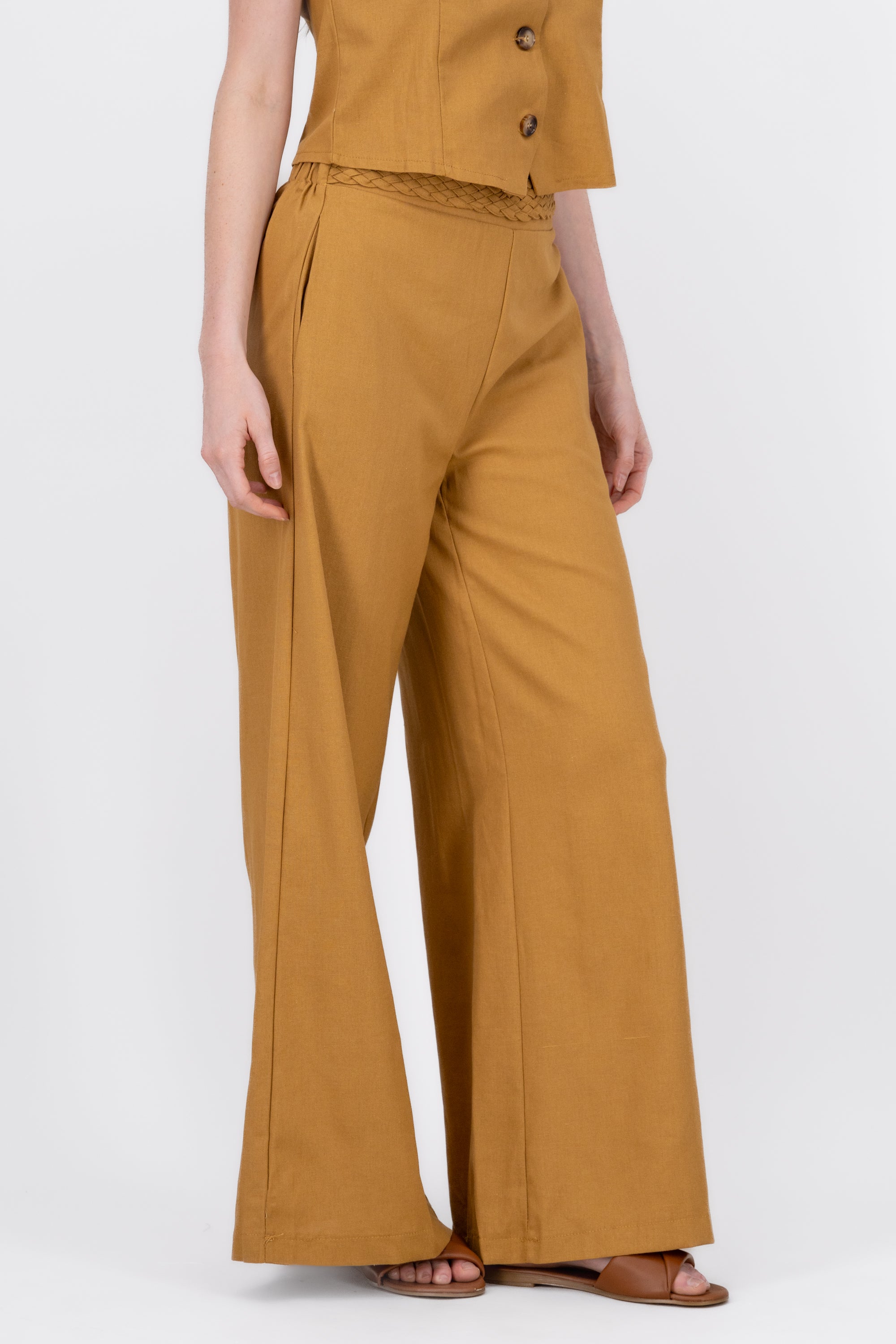 StraightLeg Linen Pants With Braided Belt BROWN