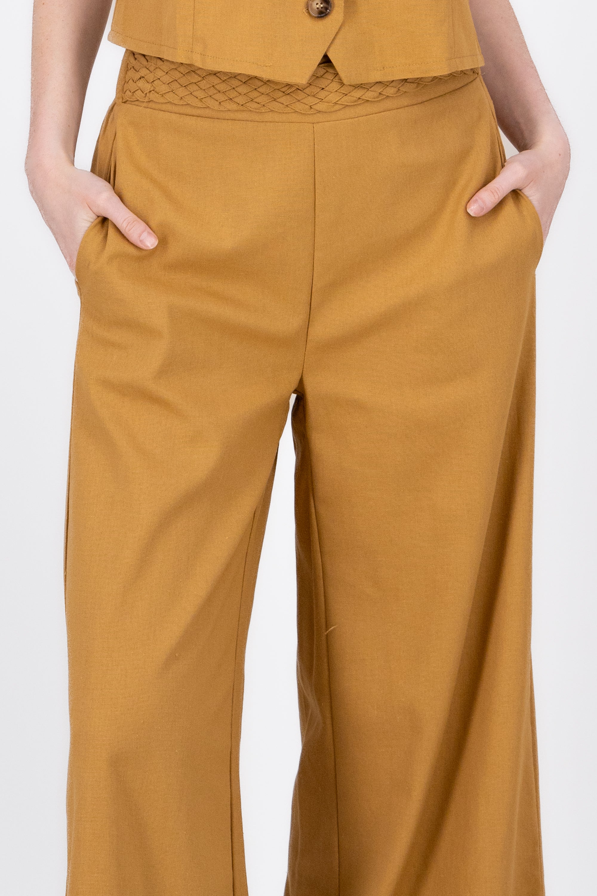 StraightLeg Linen Pants With Braided Belt BROWN