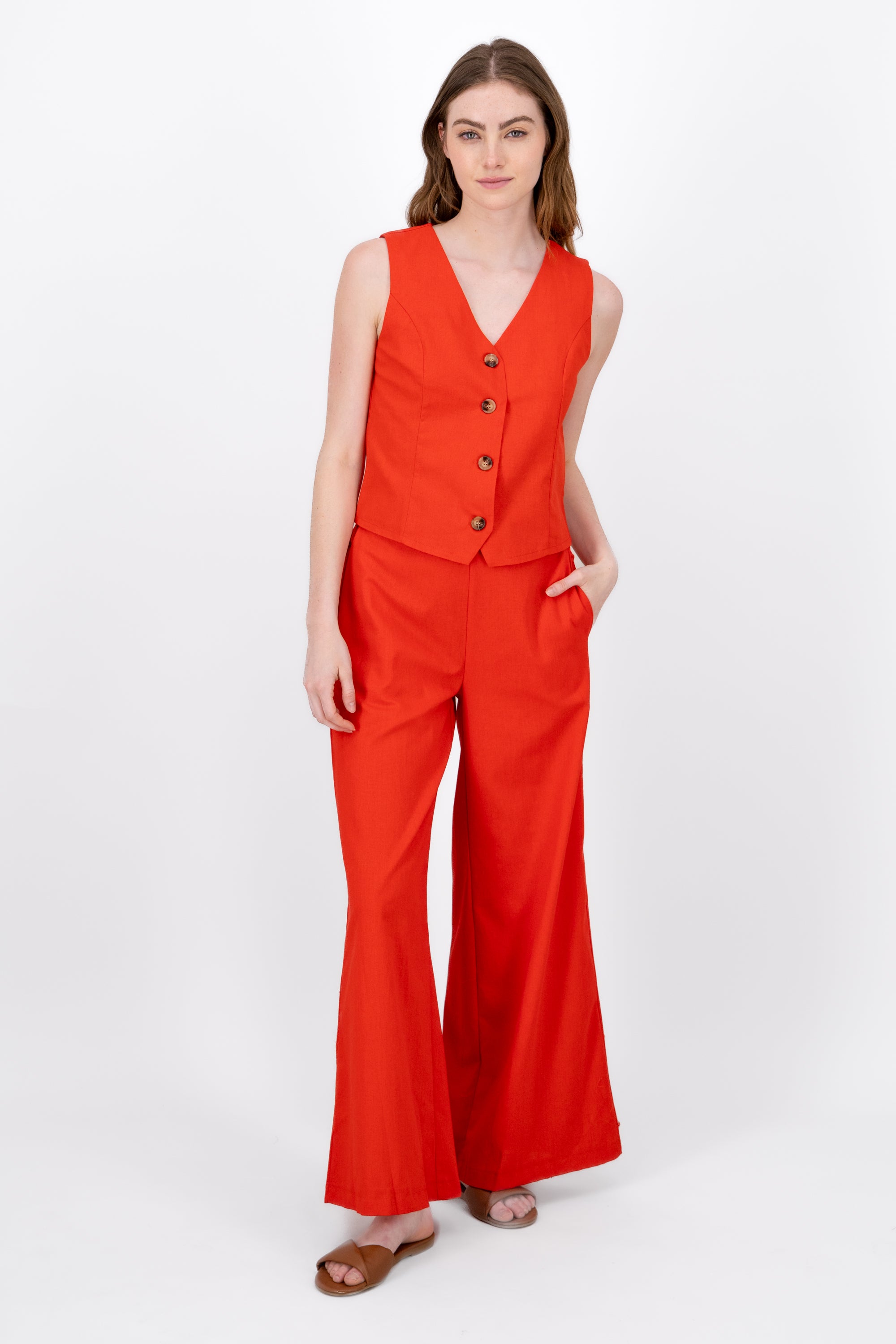 StraightLeg Linen Pants With Braided Belt RED