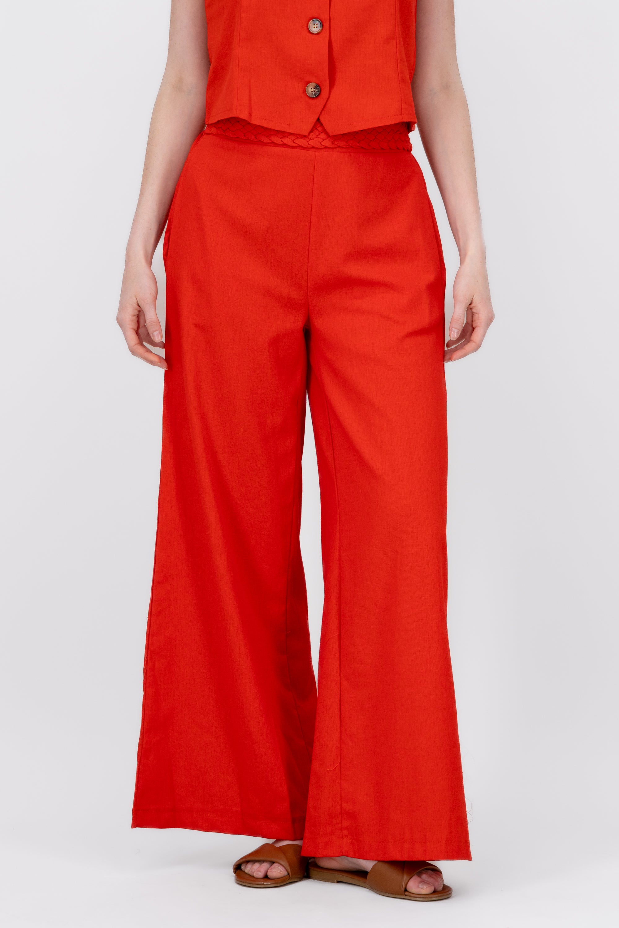 StraightLeg Linen Pants With Braided Belt RED