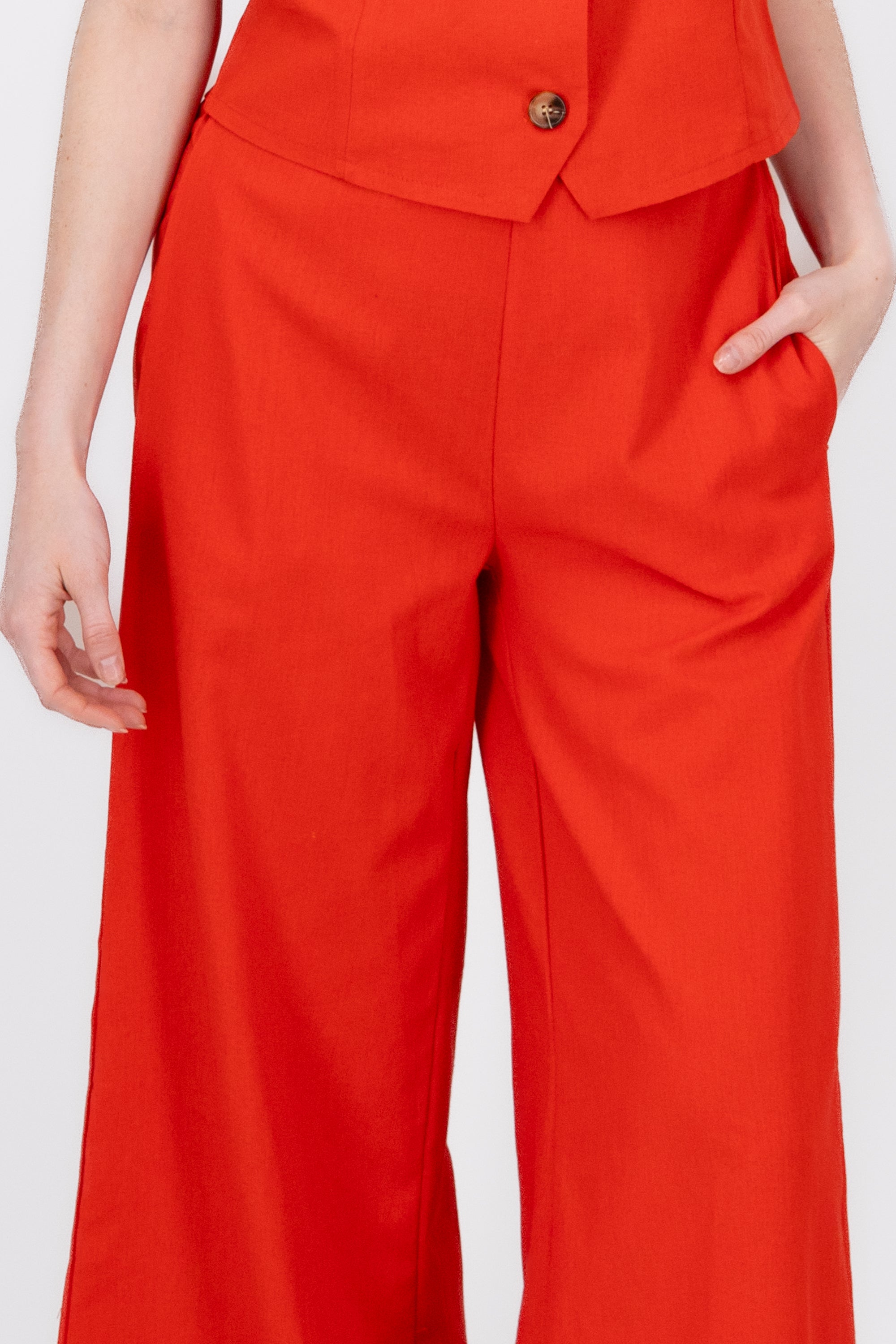 StraightLeg Linen Pants With Braided Belt RED