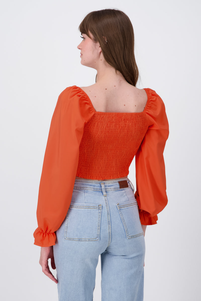 Long Puff Sleeve Zip Up Blouse ORANGE