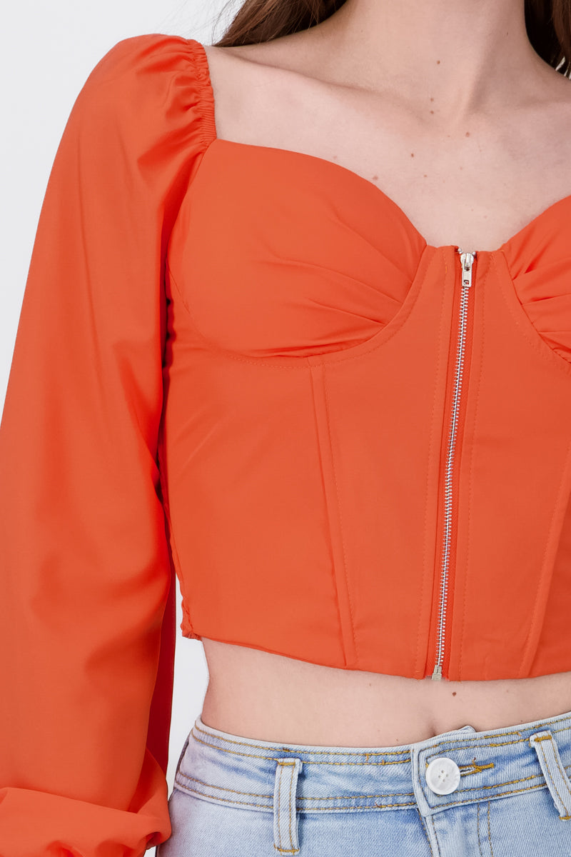 Long Puff Sleeve Zip Up Blouse ORANGE