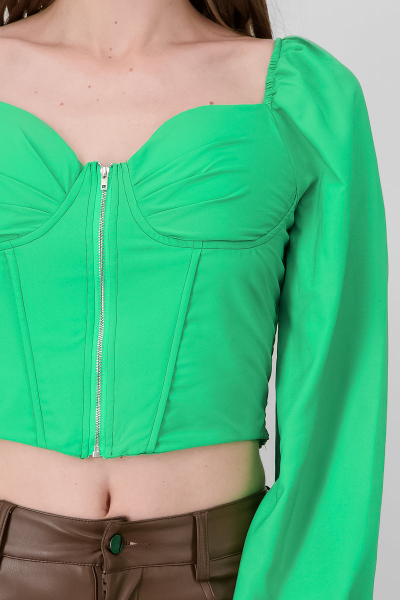 Long Puff Sleeve Zip Up Blouse GREEN