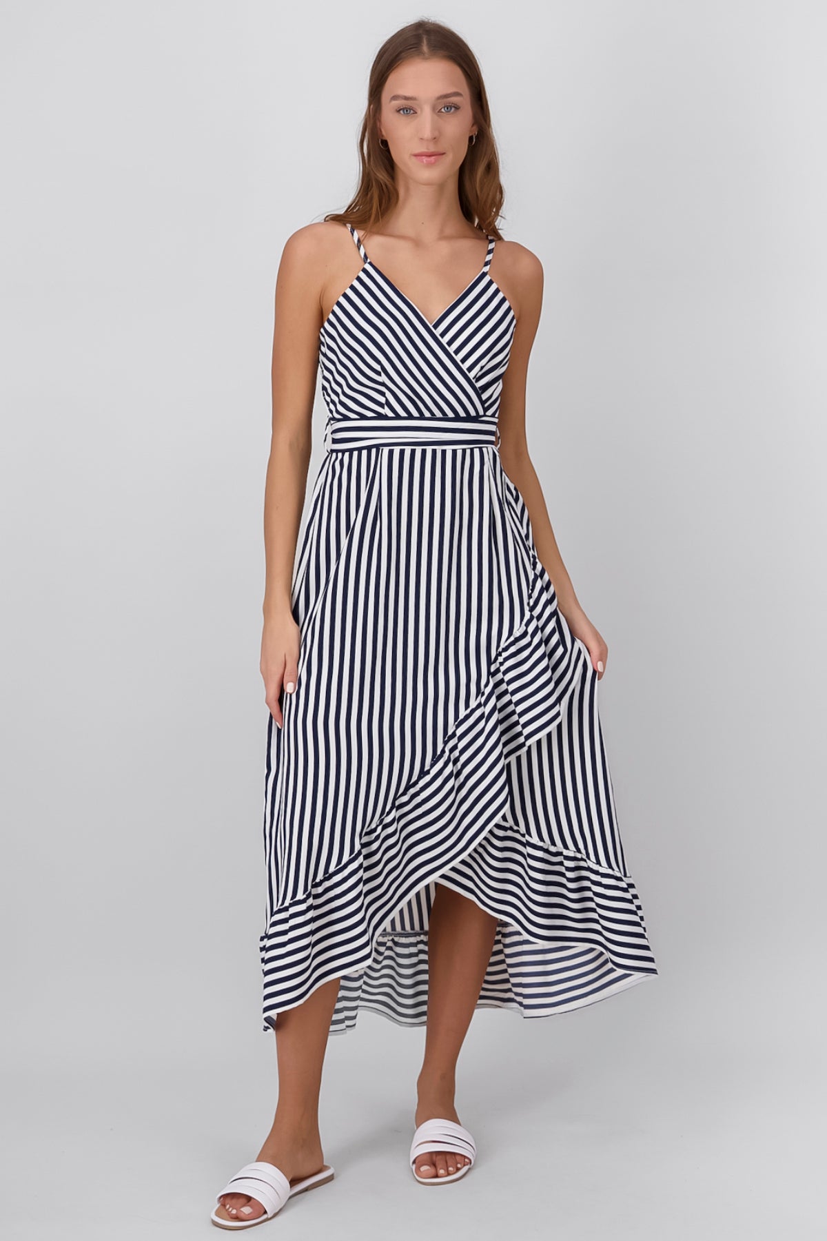 Sleeveless Striped Ruffled Hem Midi Dress NAVY