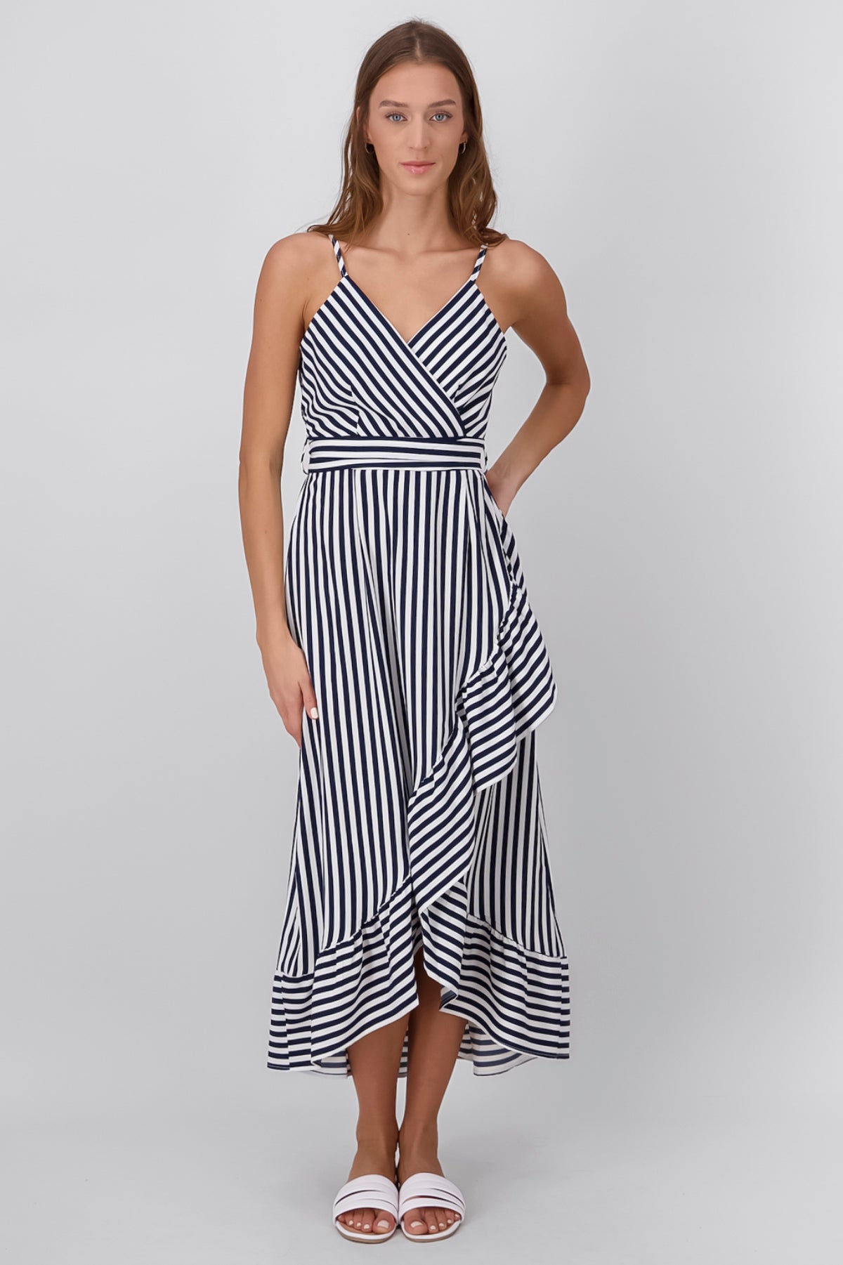 Sleeveless Striped Ruffled Hem Midi Dress NAVY