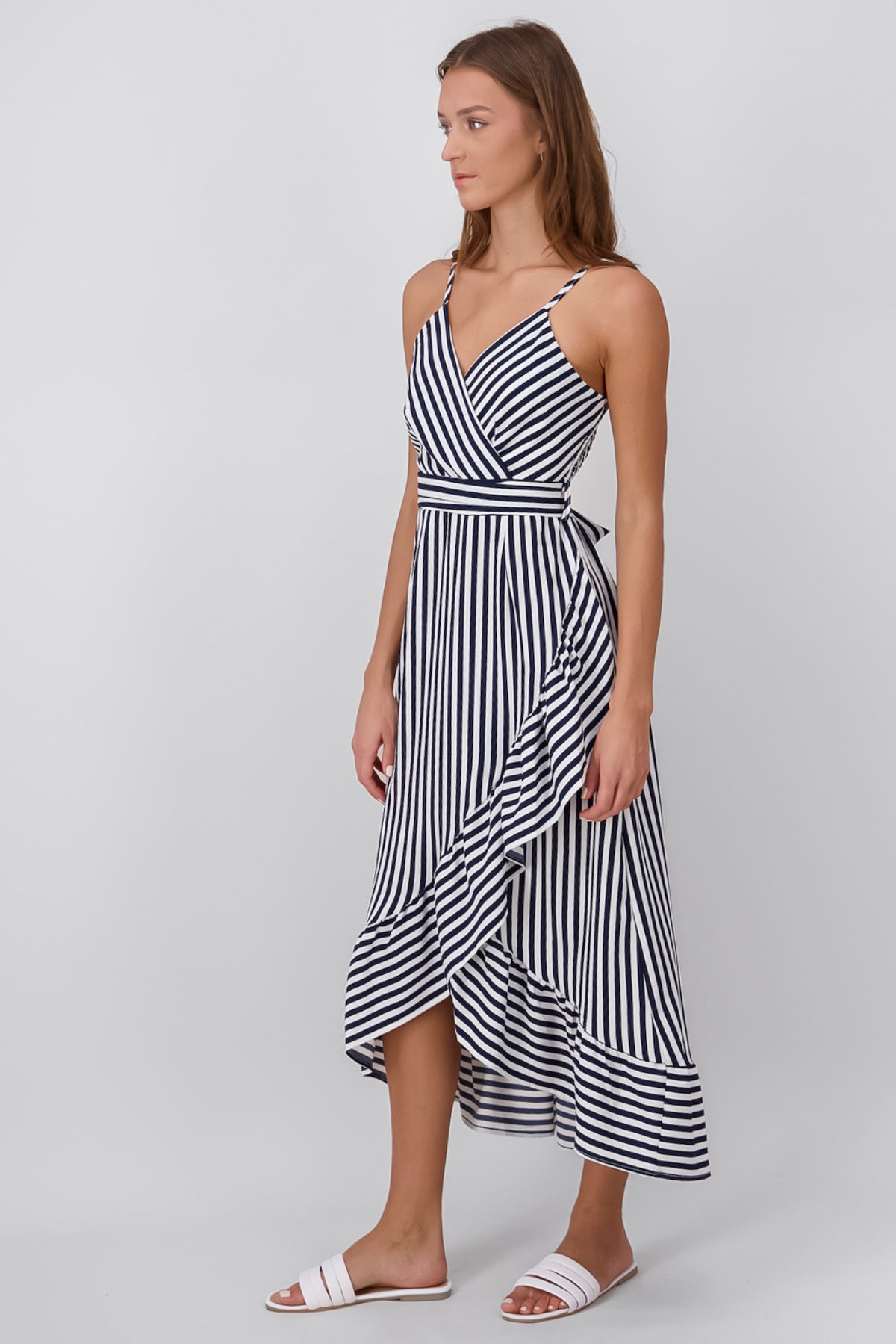 Sleeveless Striped Ruffled Hem Midi Dress NAVY