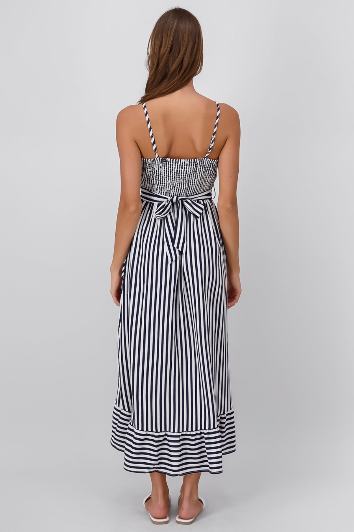 Sleeveless Striped Ruffled Hem Midi Dress NAVY