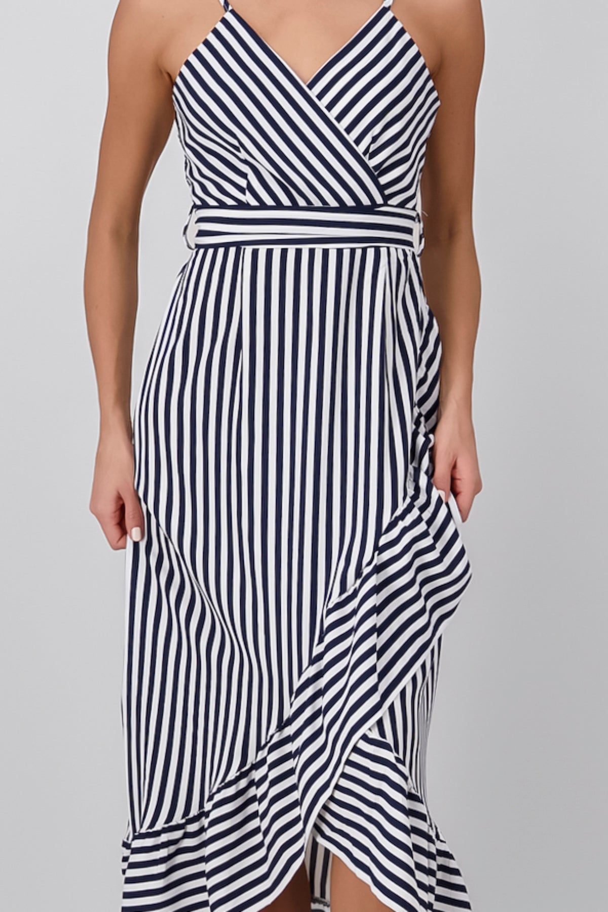 Sleeveless Striped Ruffled Hem Midi Dress NAVY