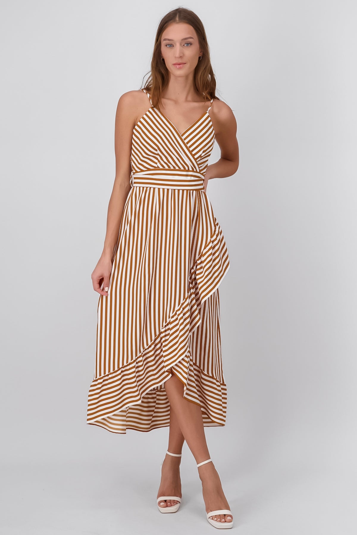 Sleeveless Striped Ruffled Hem Midi Dress BROWN