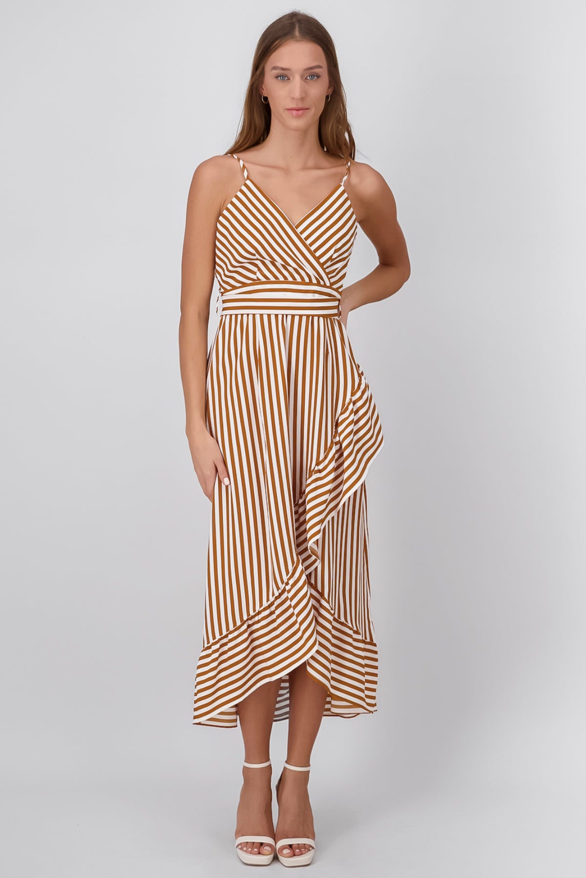 Sleeveless Striped Ruffled Hem Midi Dress BROWN