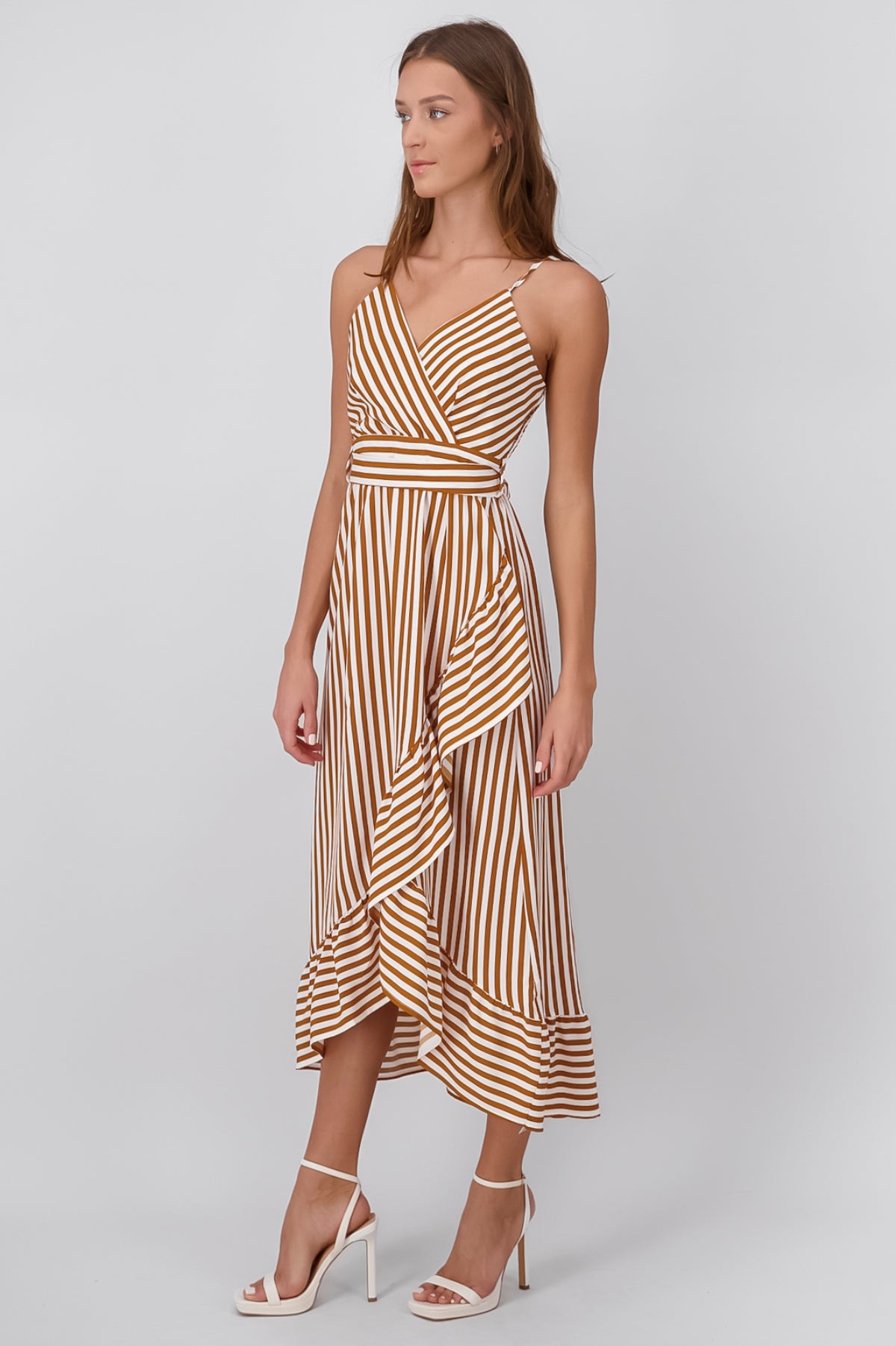 Sleeveless Striped Ruffled Hem Midi Dress BROWN