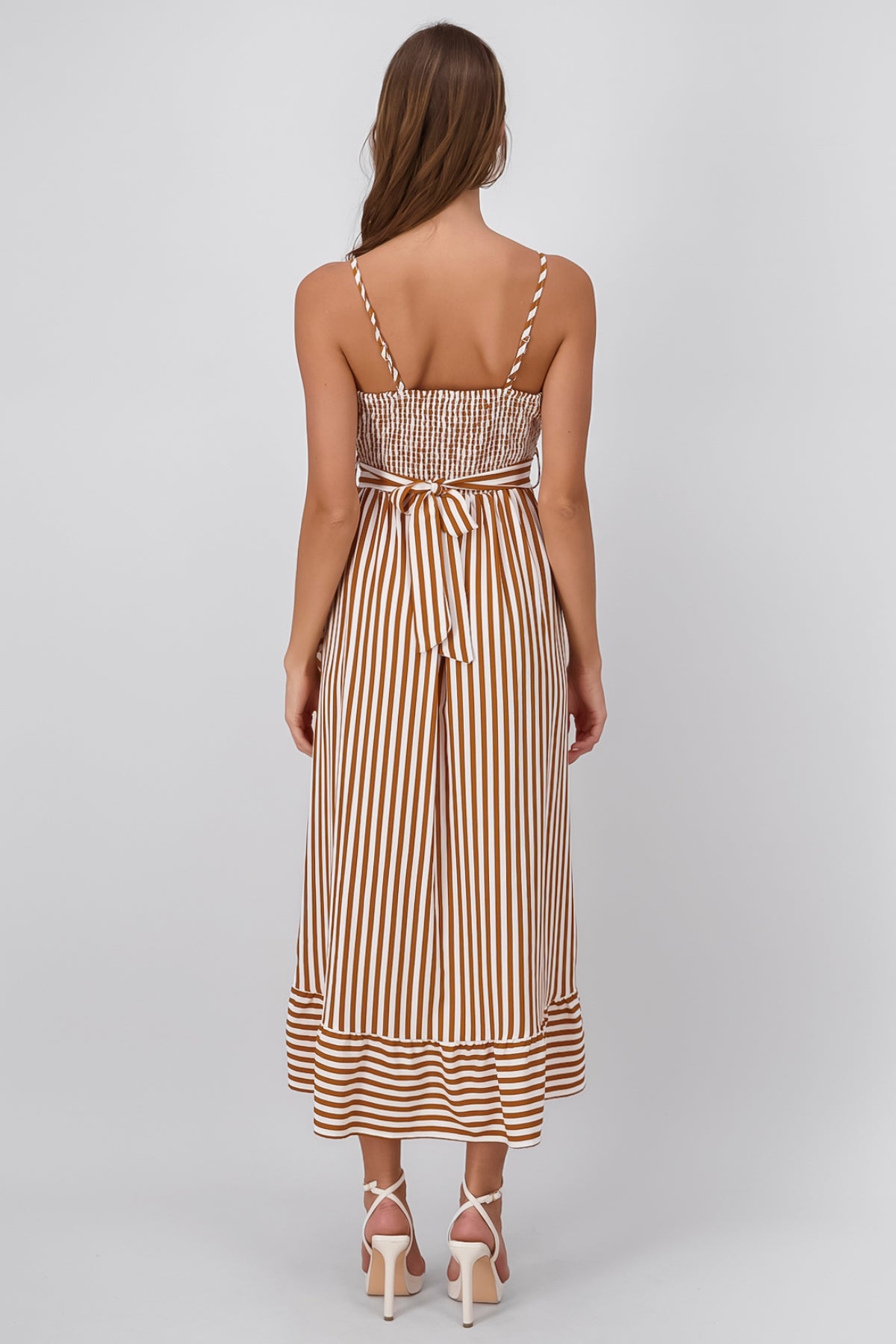 Sleeveless Striped Ruffled Hem Midi Dress BROWN