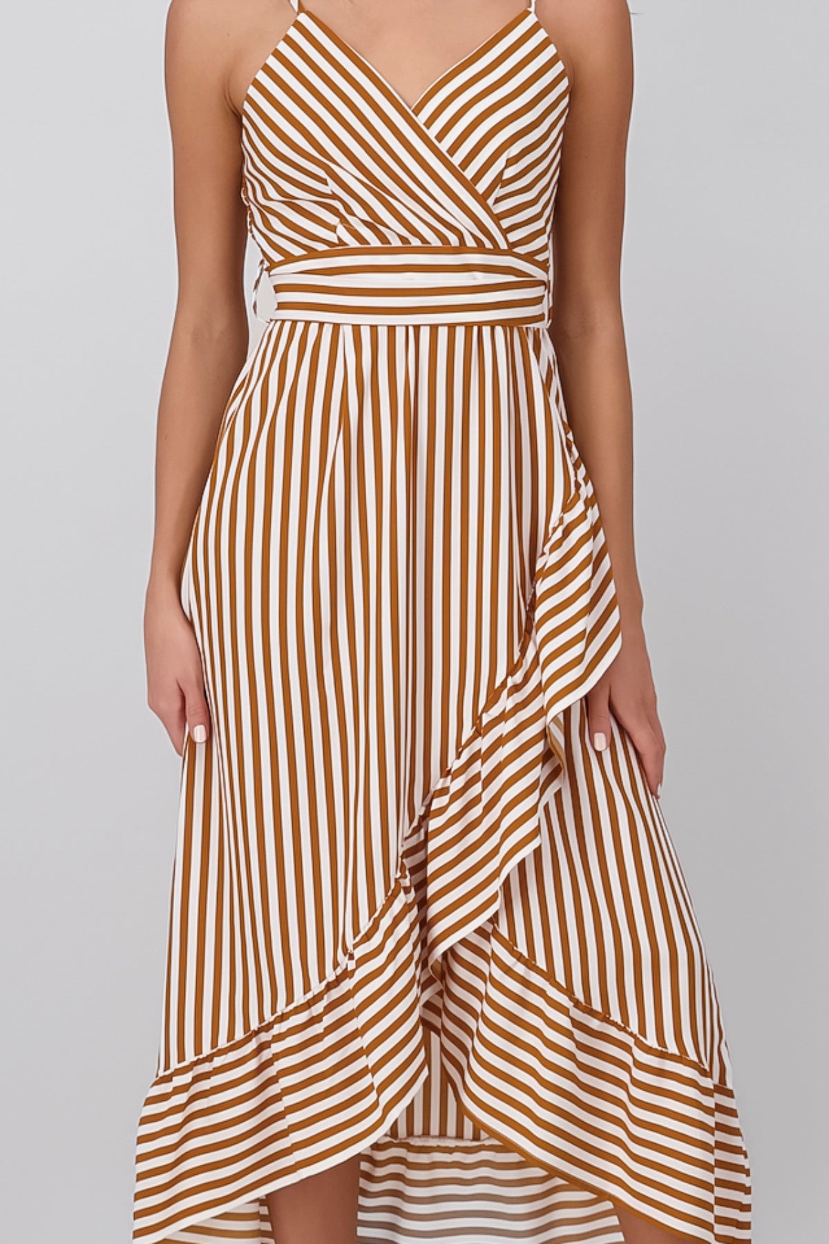 Sleeveless Striped Ruffled Hem Midi Dress BROWN