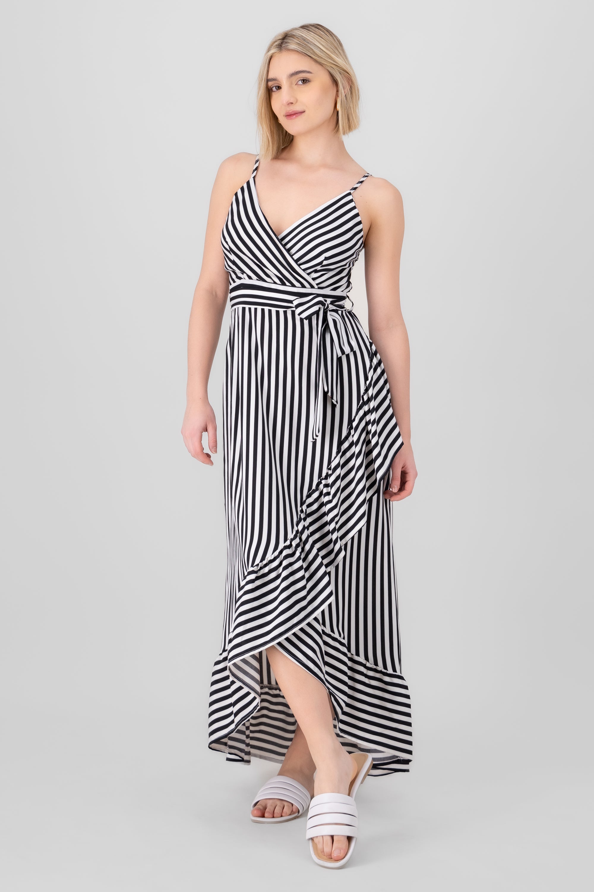 Sleeveless Striped Ruffled Hem Midi Dress BLACK