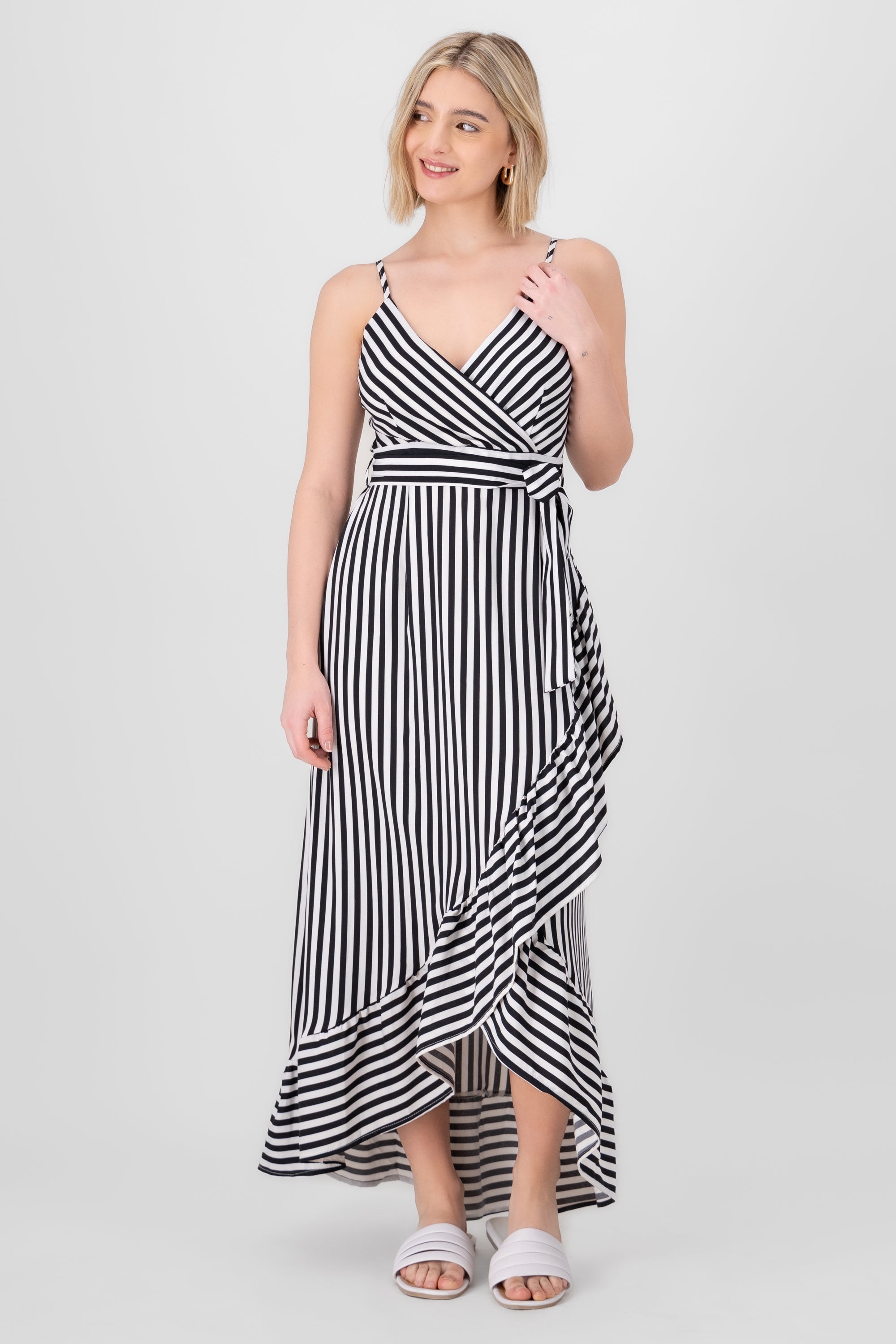 Sleeveless Striped Ruffled Hem Midi Dress BLACK