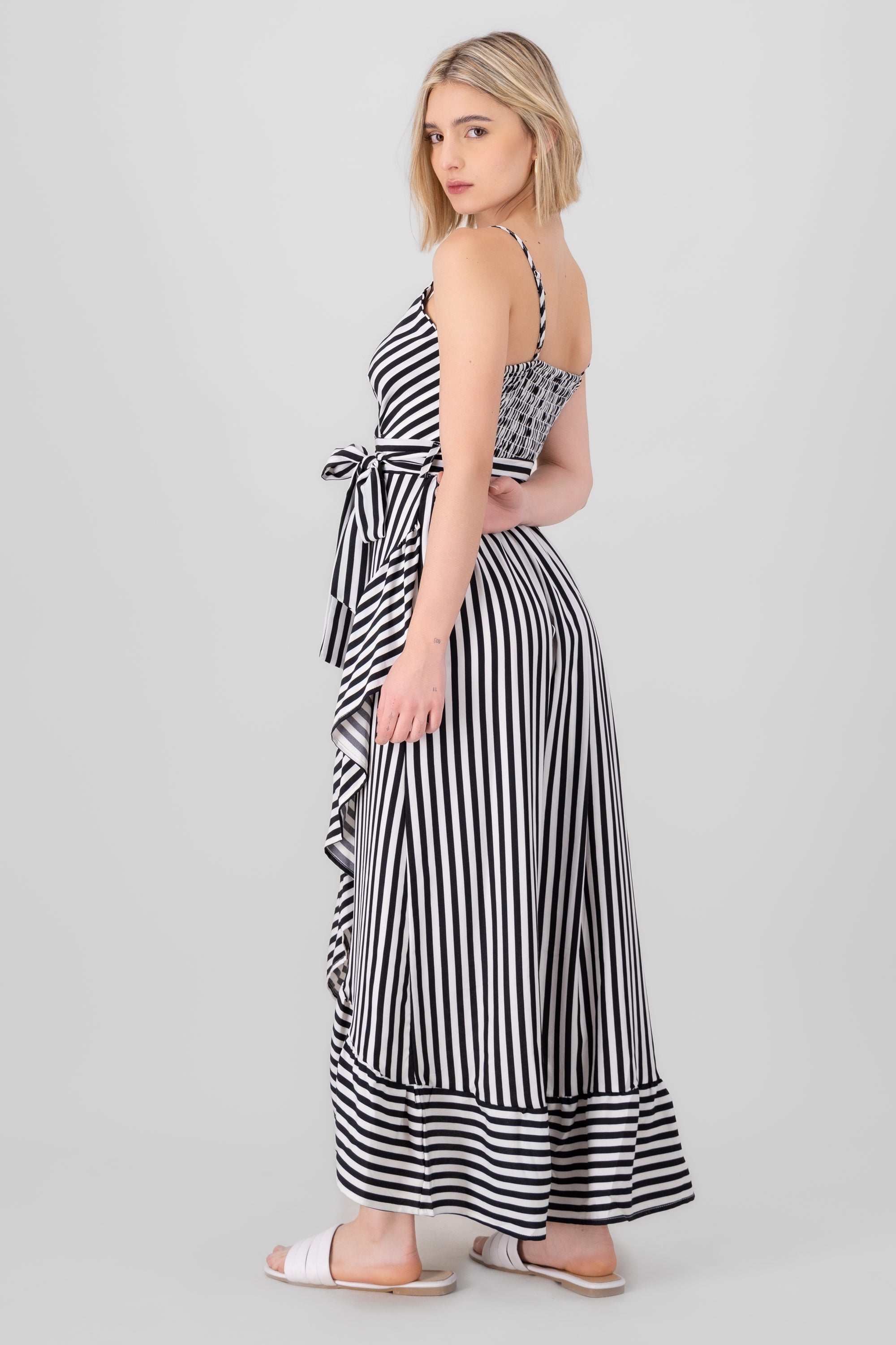 Sleeveless Striped Ruffled Hem Midi Dress BLACK