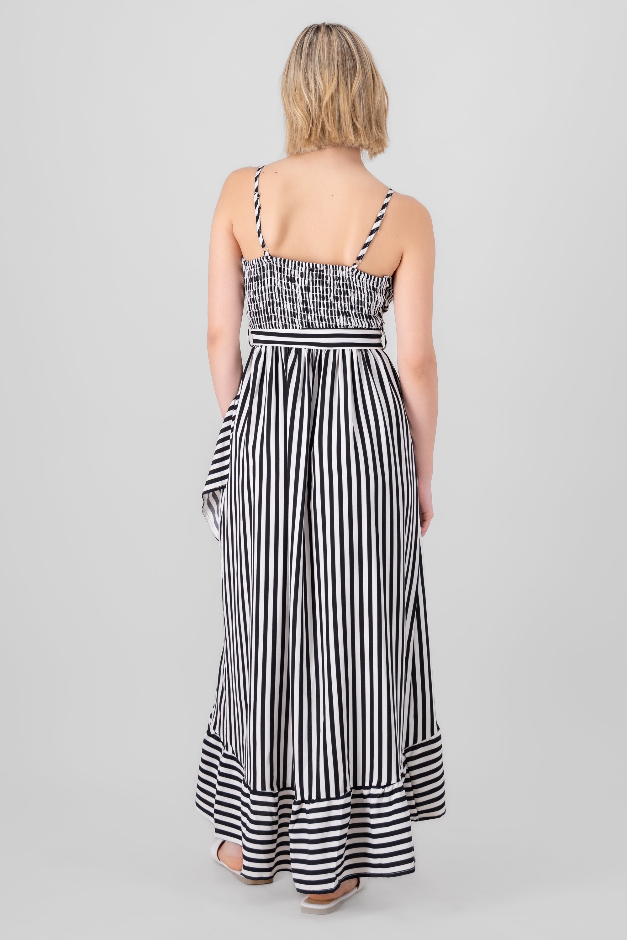 Sleeveless Striped Ruffled Hem Midi Dress BLACK