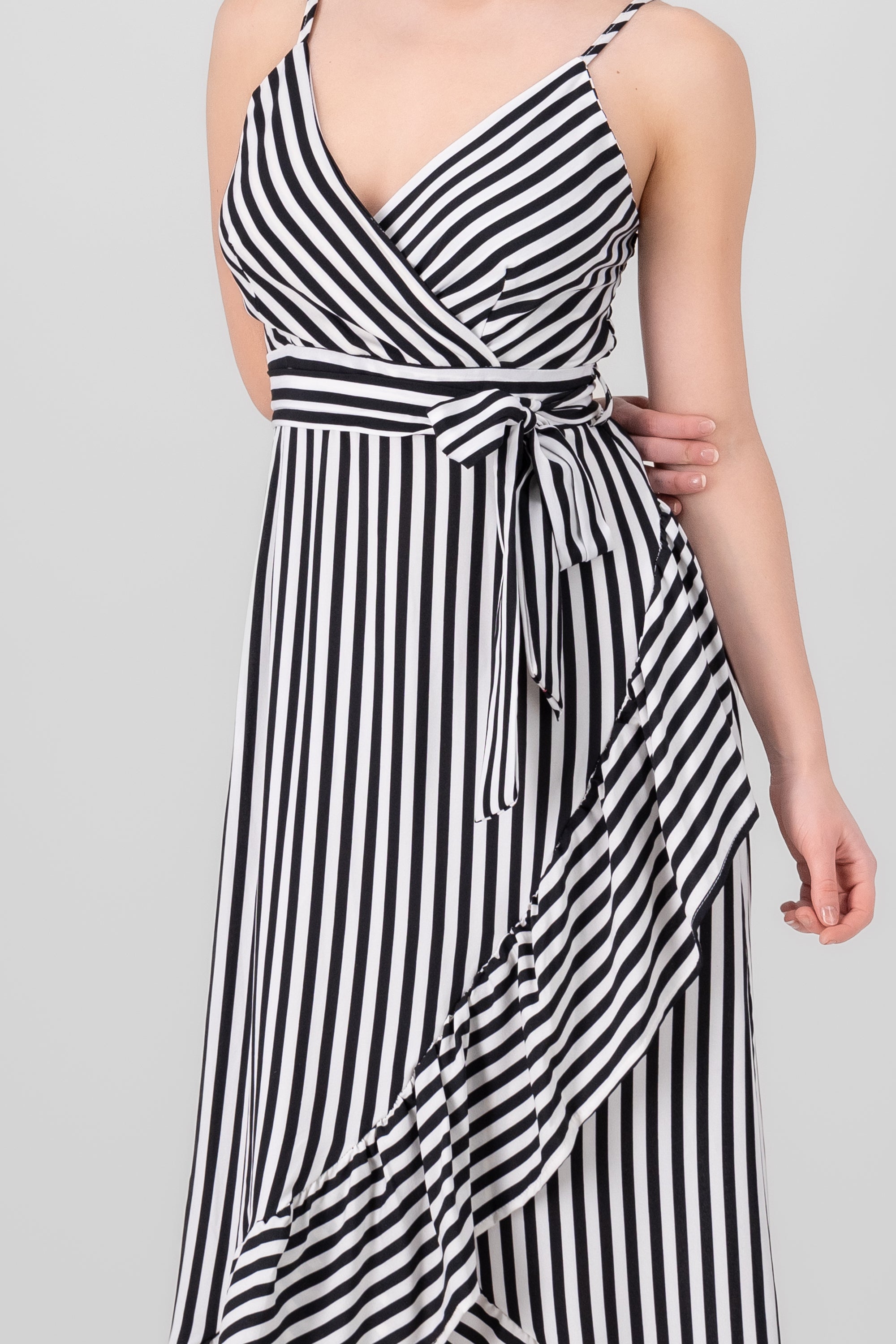 Sleeveless Striped Ruffled Hem Midi Dress BLACK