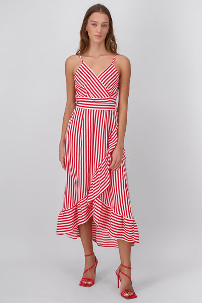 Sleeveless Striped Ruffled Hem Midi Dress RED