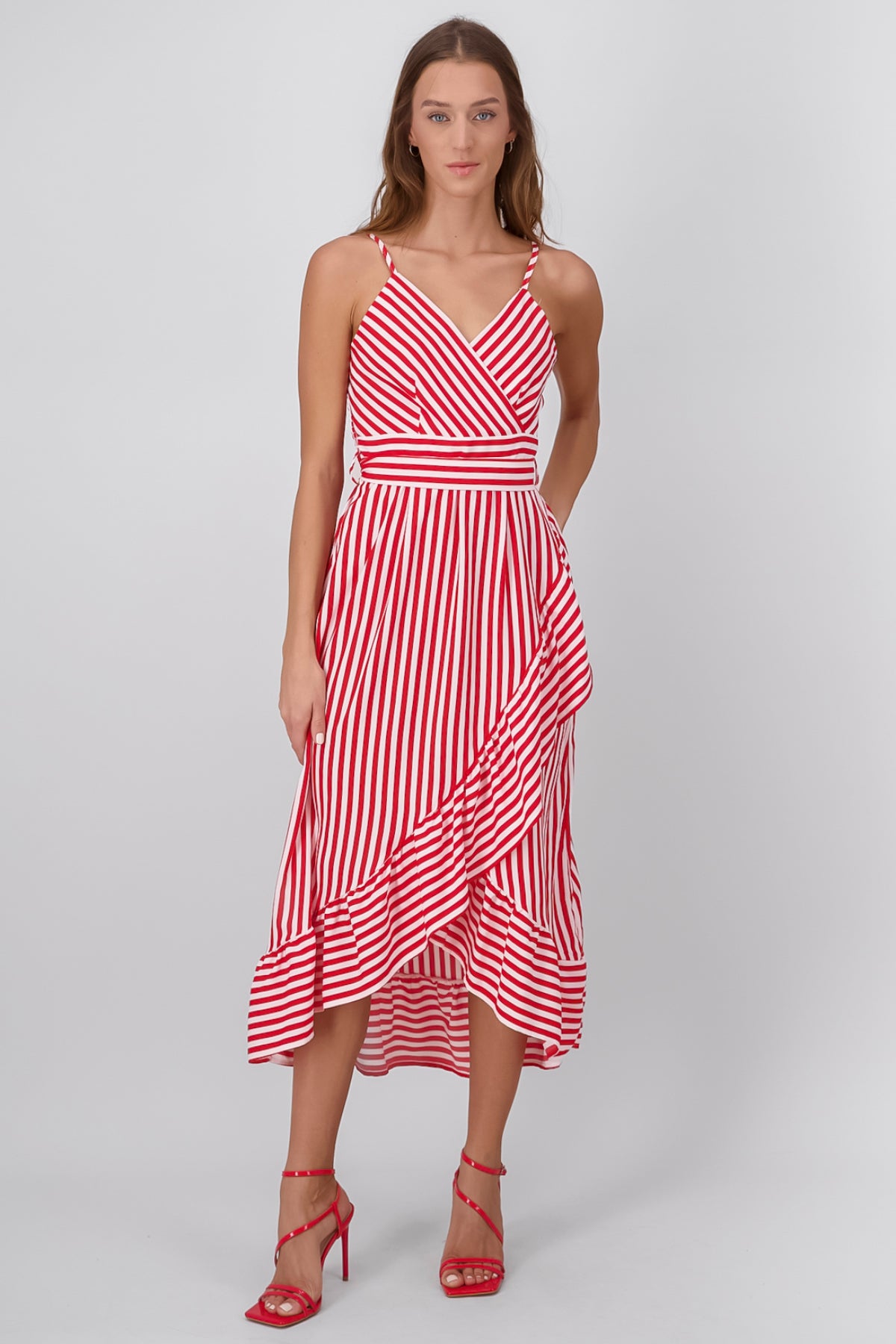 Sleeveless Striped Ruffled Hem Midi Dress RED