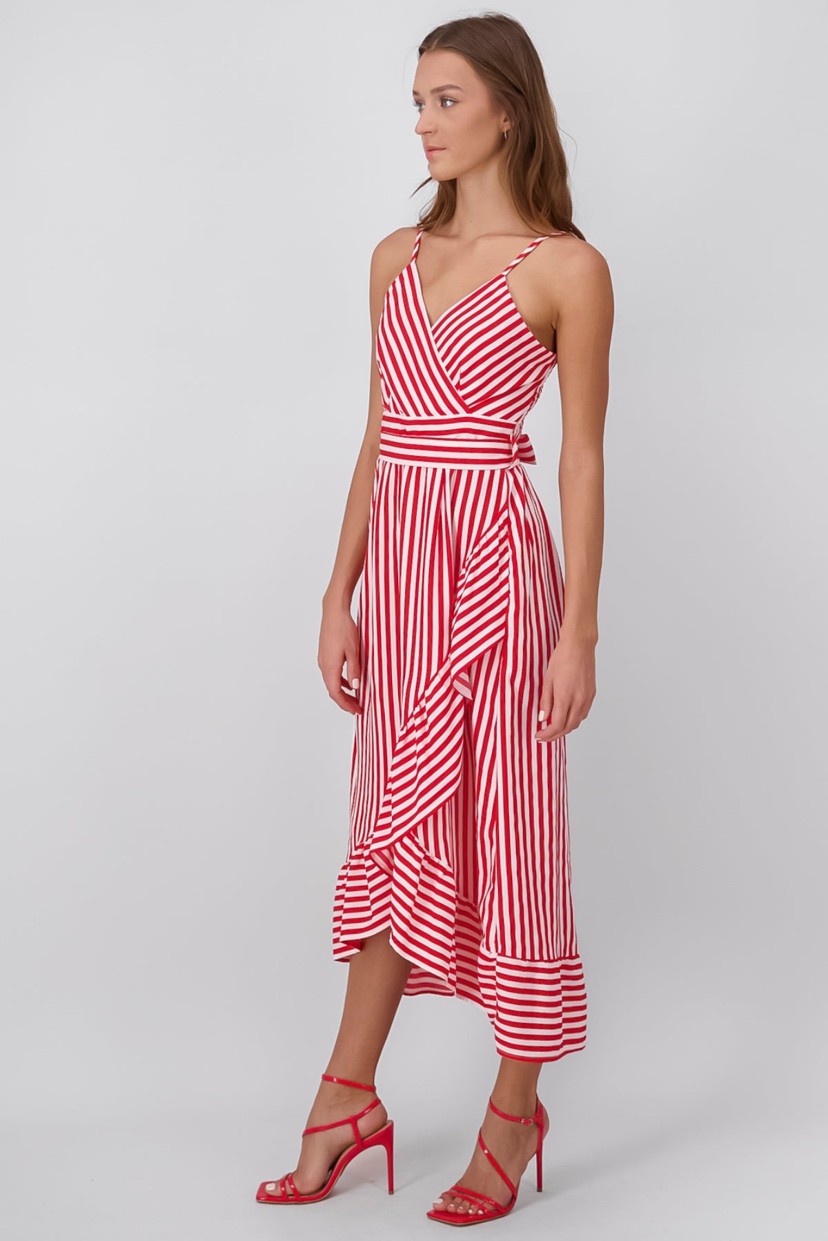 Sleeveless Striped Ruffled Hem Midi Dress RED