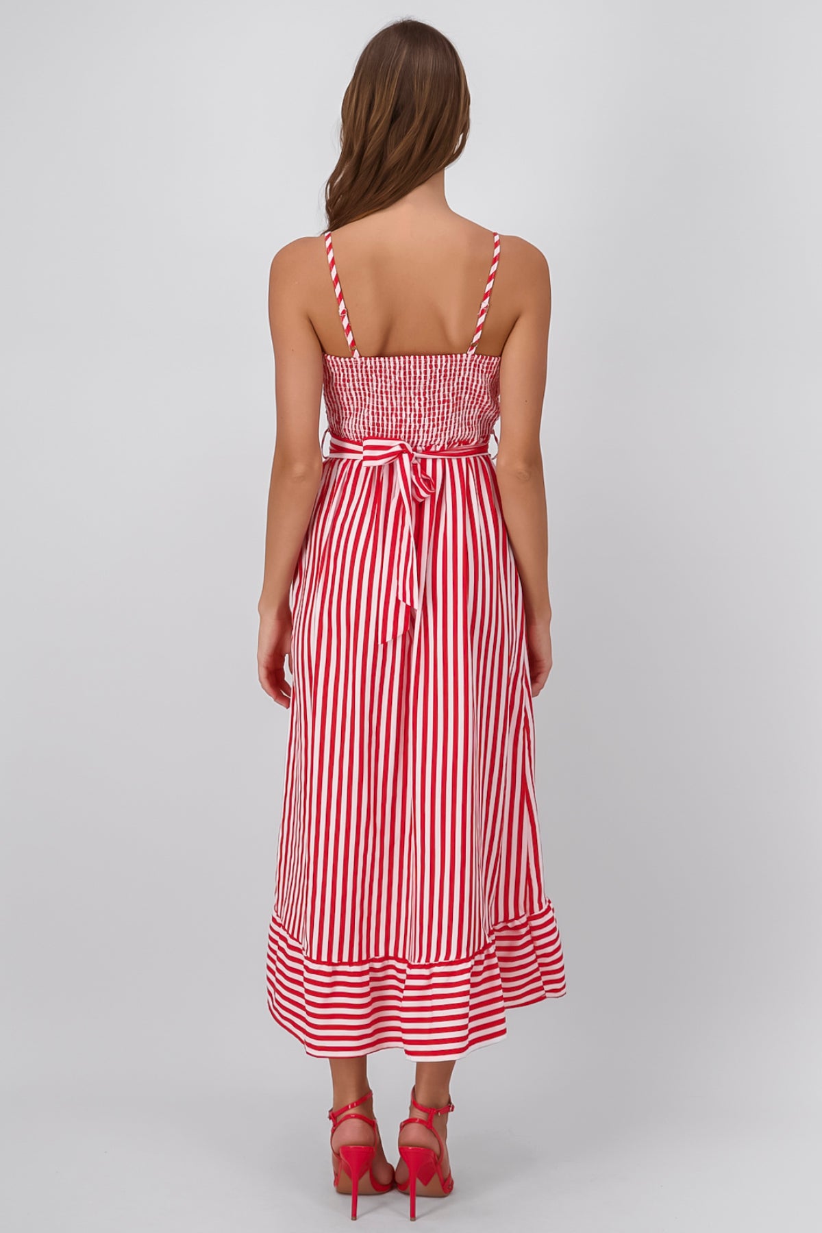 Sleeveless Striped Ruffled Hem Midi Dress RED