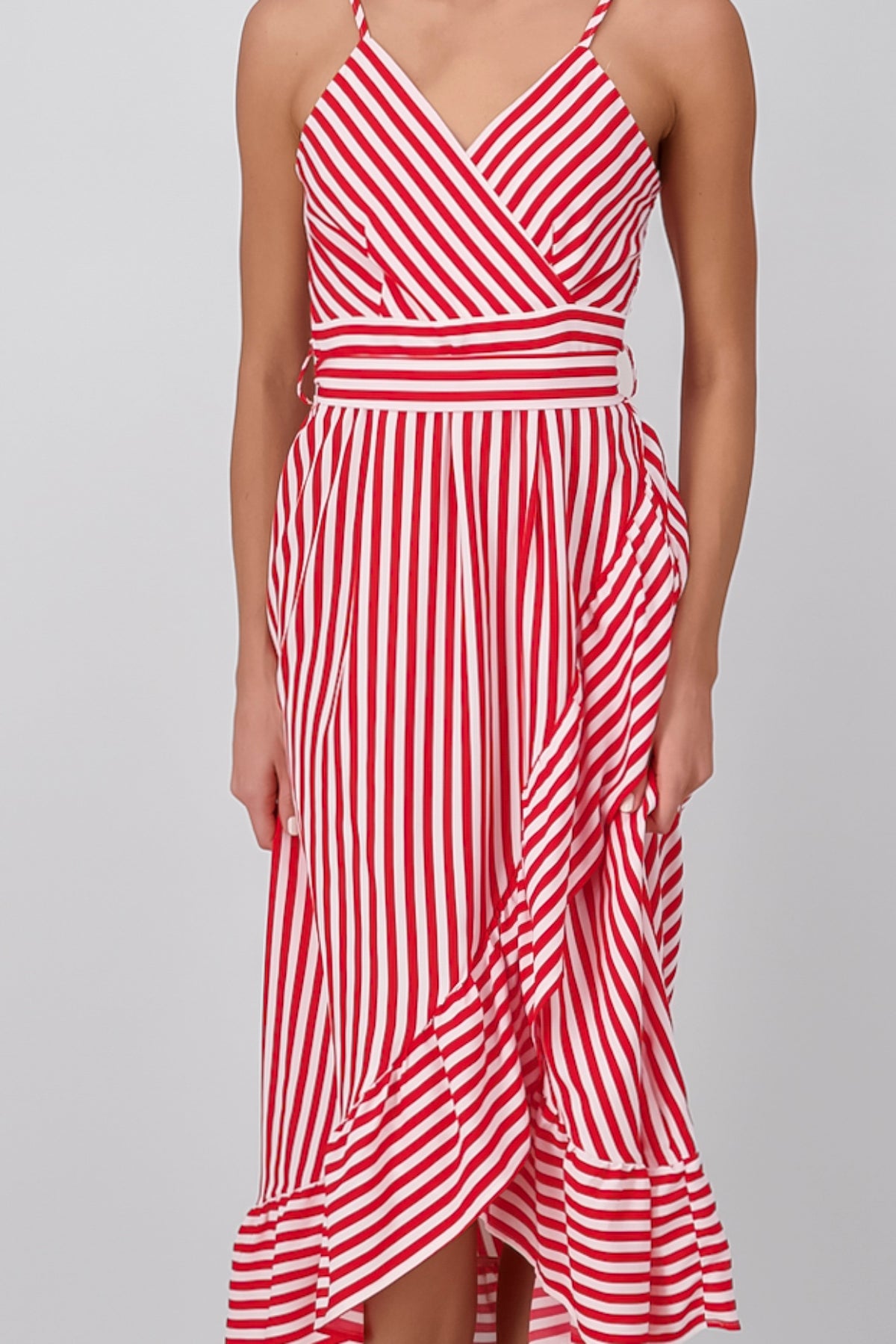 Sleeveless Striped Ruffled Hem Midi Dress RED