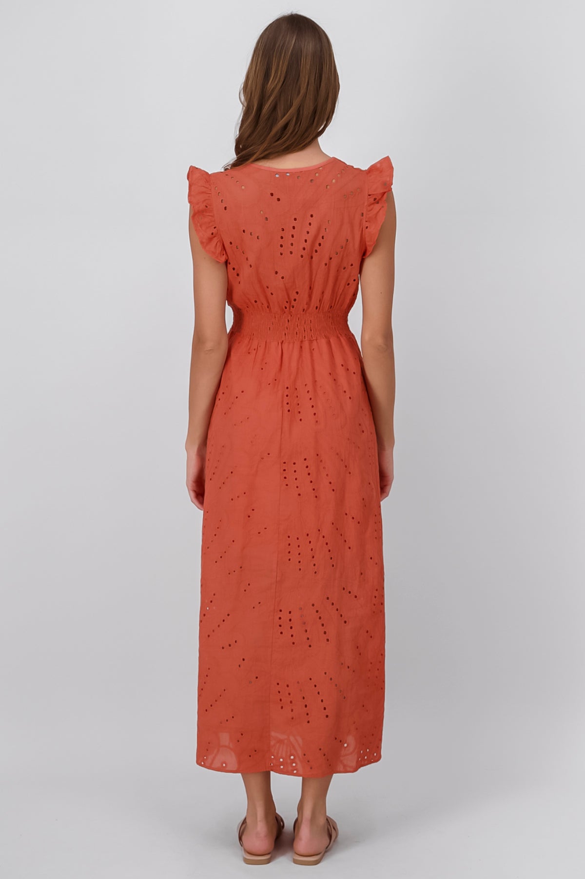 Flower Embroidered Lace Design Midi Day Dress BRICK RED