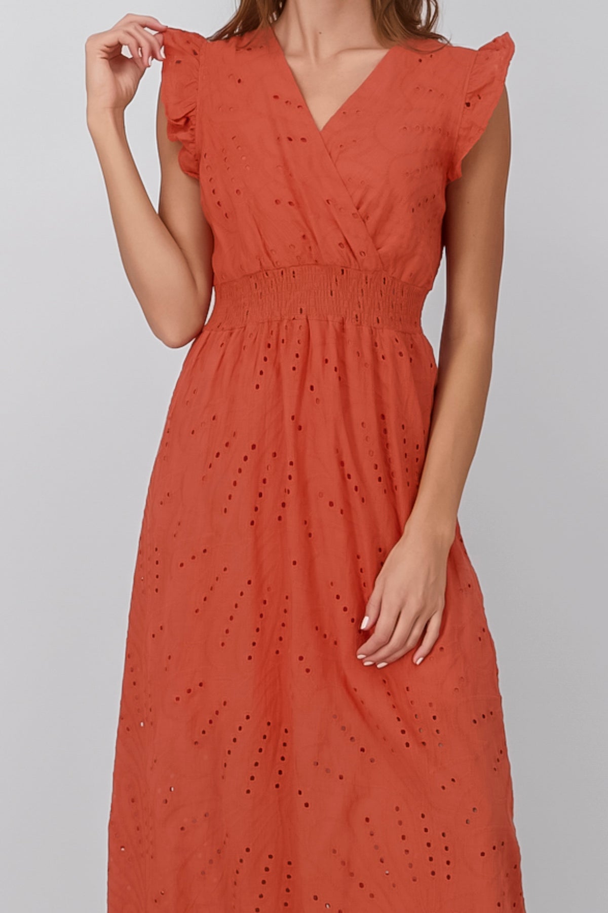 Flower Embroidered Lace Design Midi Day Dress BRICK RED