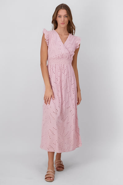 Flower Embroidered Lace Design Midi Day Dress PINK