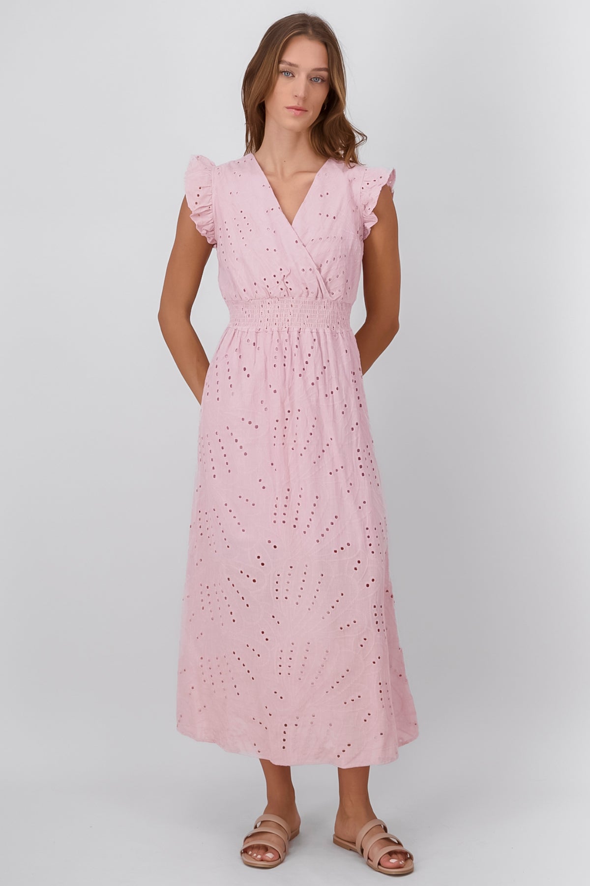 Flower Embroidered Lace Design Midi Day Dress PINK