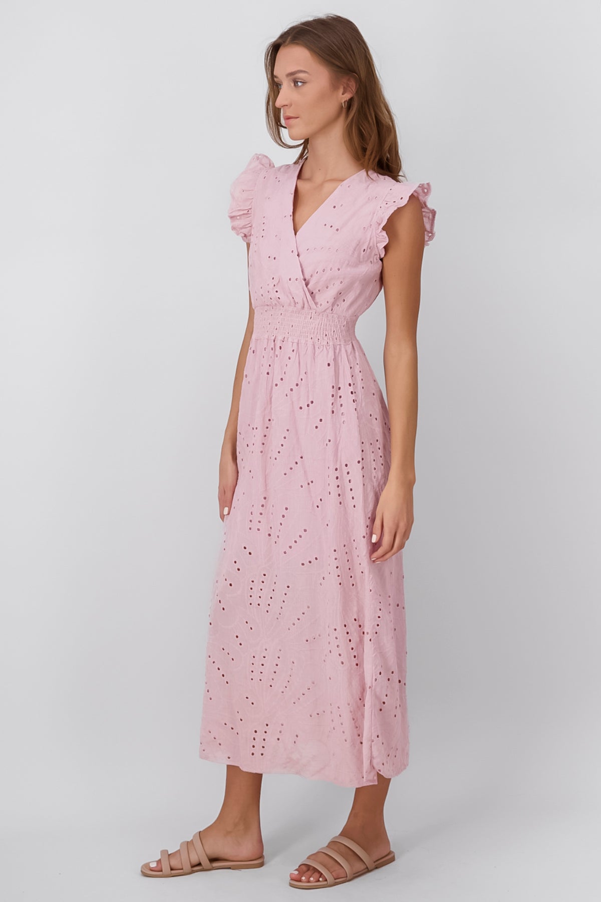 Flower Embroidered Lace Design Midi Day Dress PINK