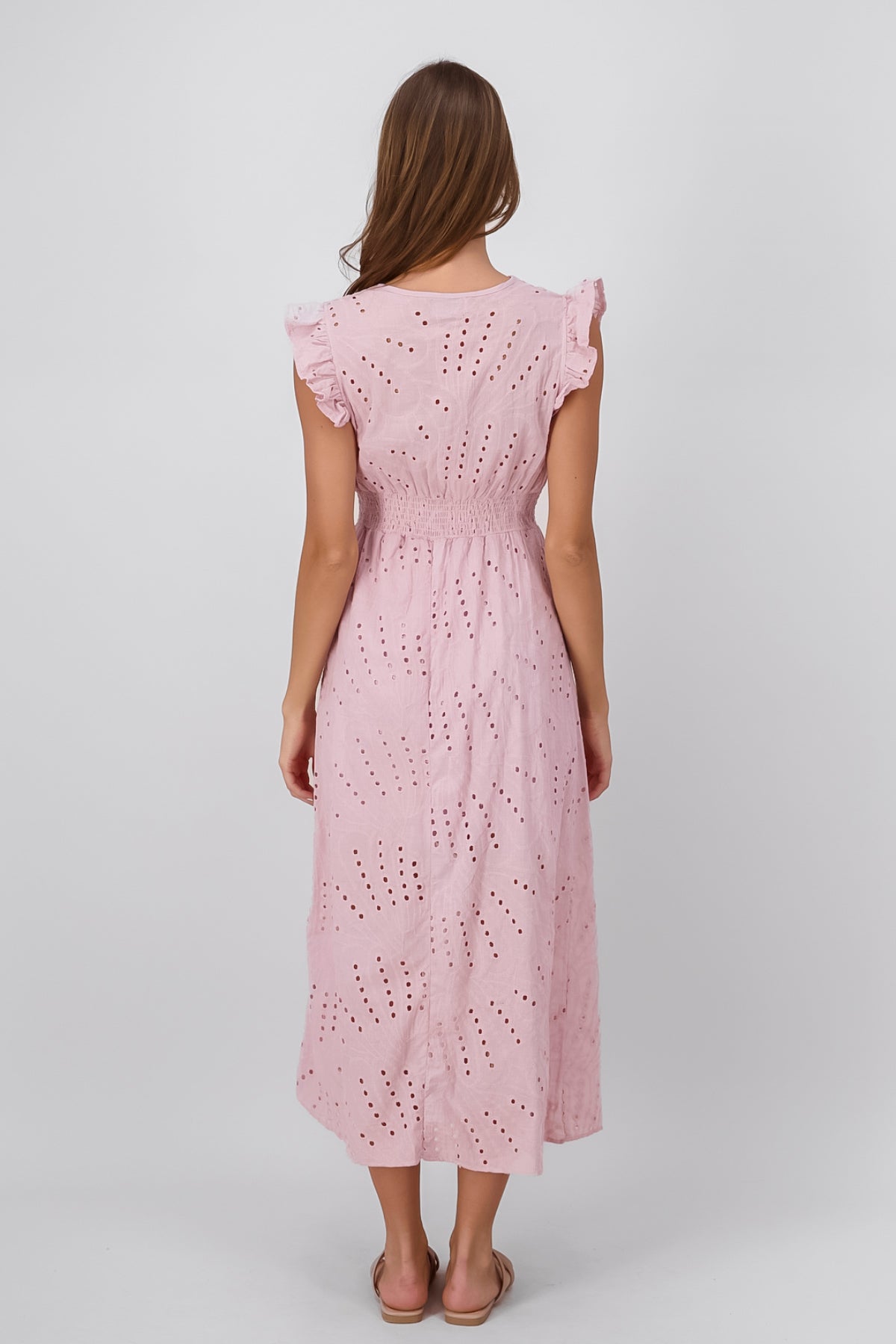 Flower Embroidered Lace Design Midi Day Dress PINK