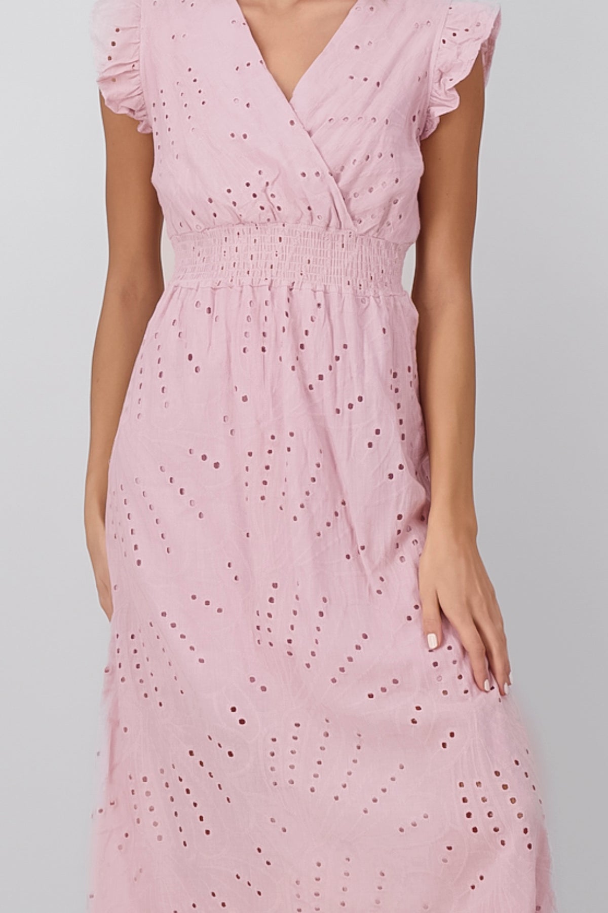 Flower Embroidered Lace Design Midi Day Dress PINK