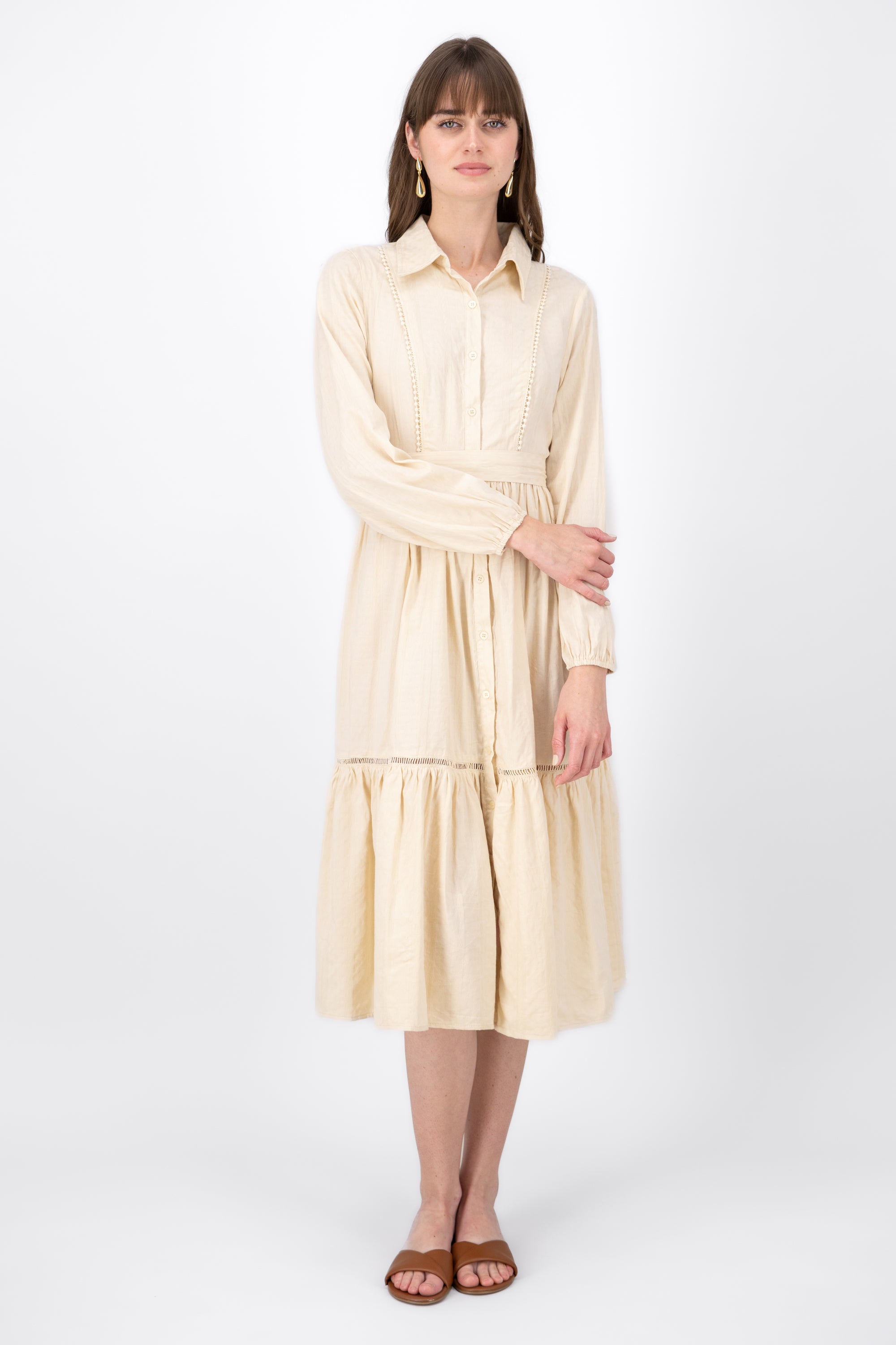 Midi VintageLike Puff Long Sleeve Dress BEIGE